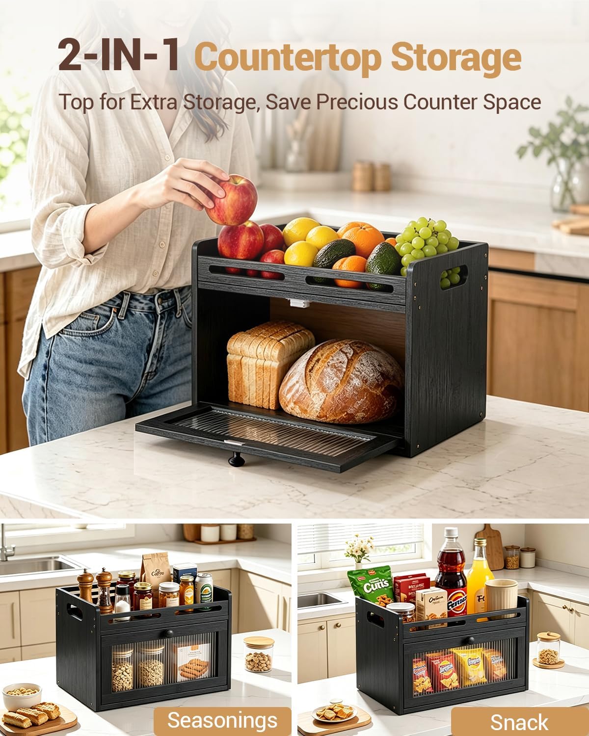 Bread Box for Kitchen Countertop, Bamboo Storage with Top Shelf, Black | Large Capacity, Acrylic Window, Rear Vents