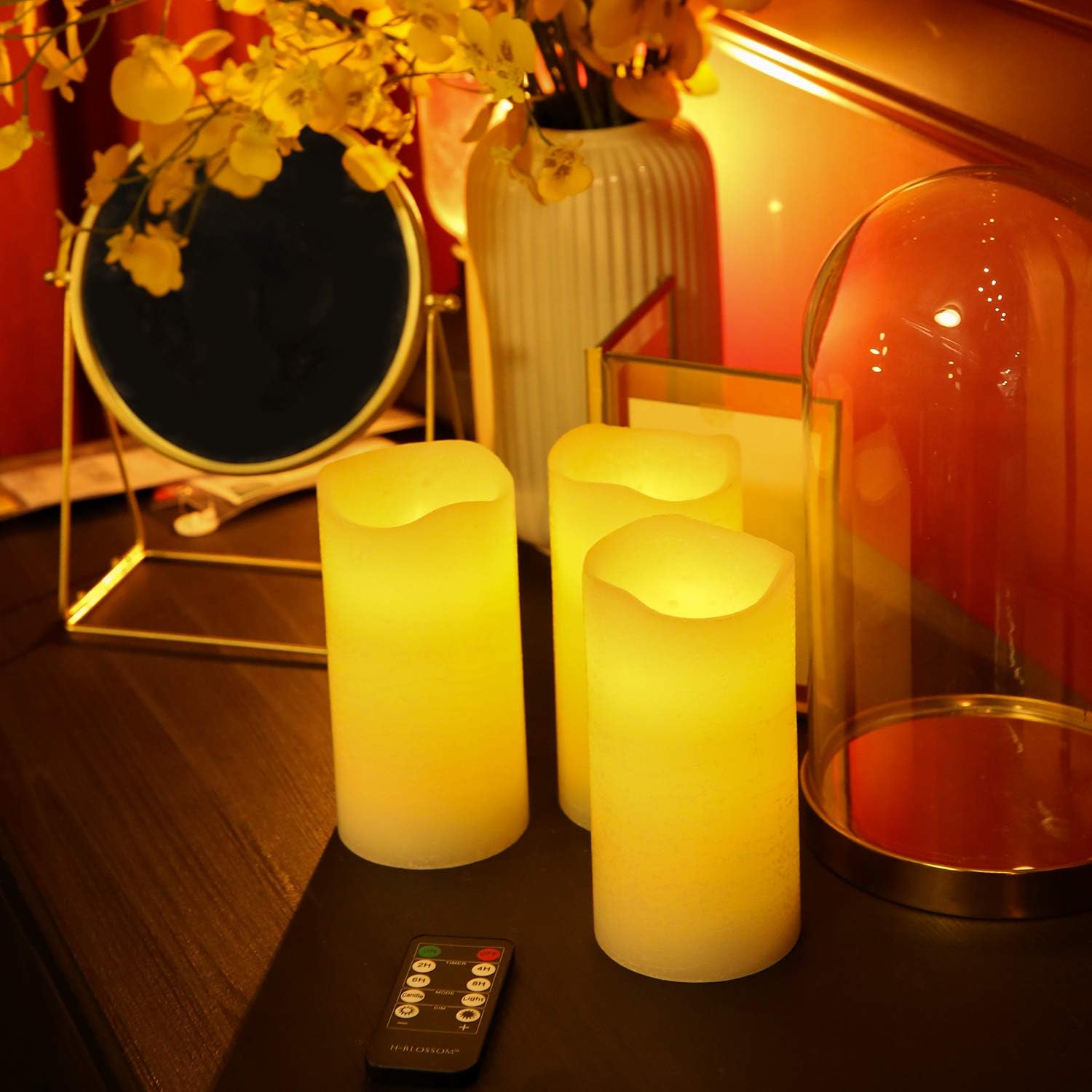 H-BLOSSOM Flameless Candles Battery Operated Real Wax Pillar LED Candles with 10 Key Remote Control Cycling 24 Hours