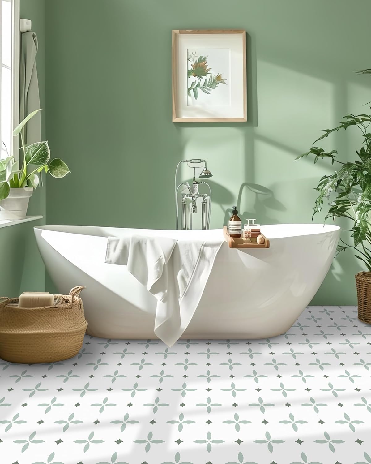 Peel and Stick Floor Tile Star Waterproof / 7.87 x 7.87 / Light Green+dark Green+white / Set of 20