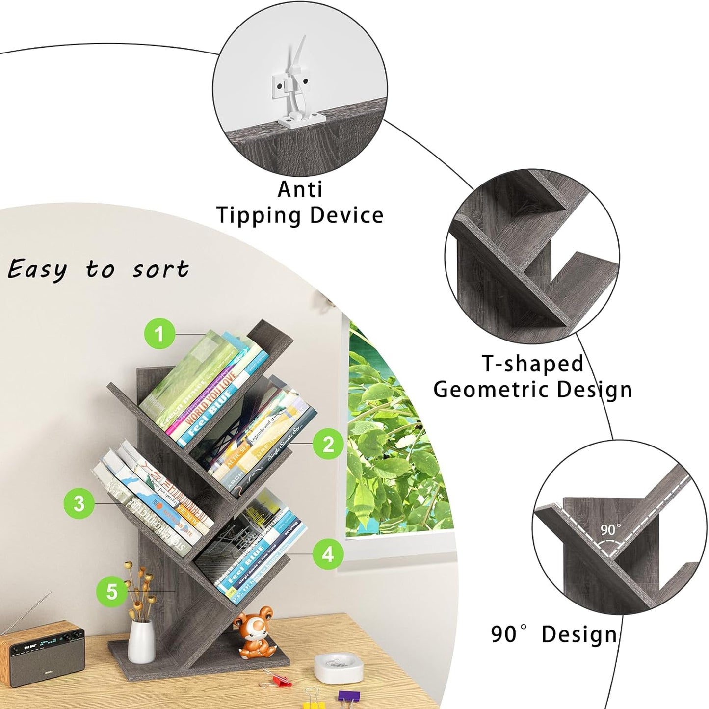 SHEEPAM Small Tree Book Shelf,5 Tier Bookshelf, Wood Desktop Bookcase | Modern Desk Display Storage Bookshelves,Space