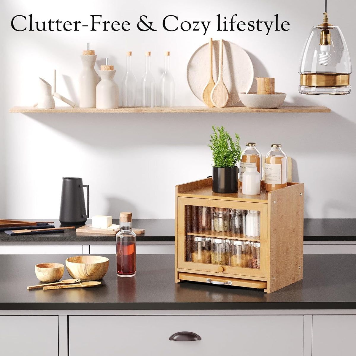 Bamboo Bread Box, Double Layer, Cutting Board, Kitchen, Natural | See-Inside Acrylic, Magnetic Closure, Countertop