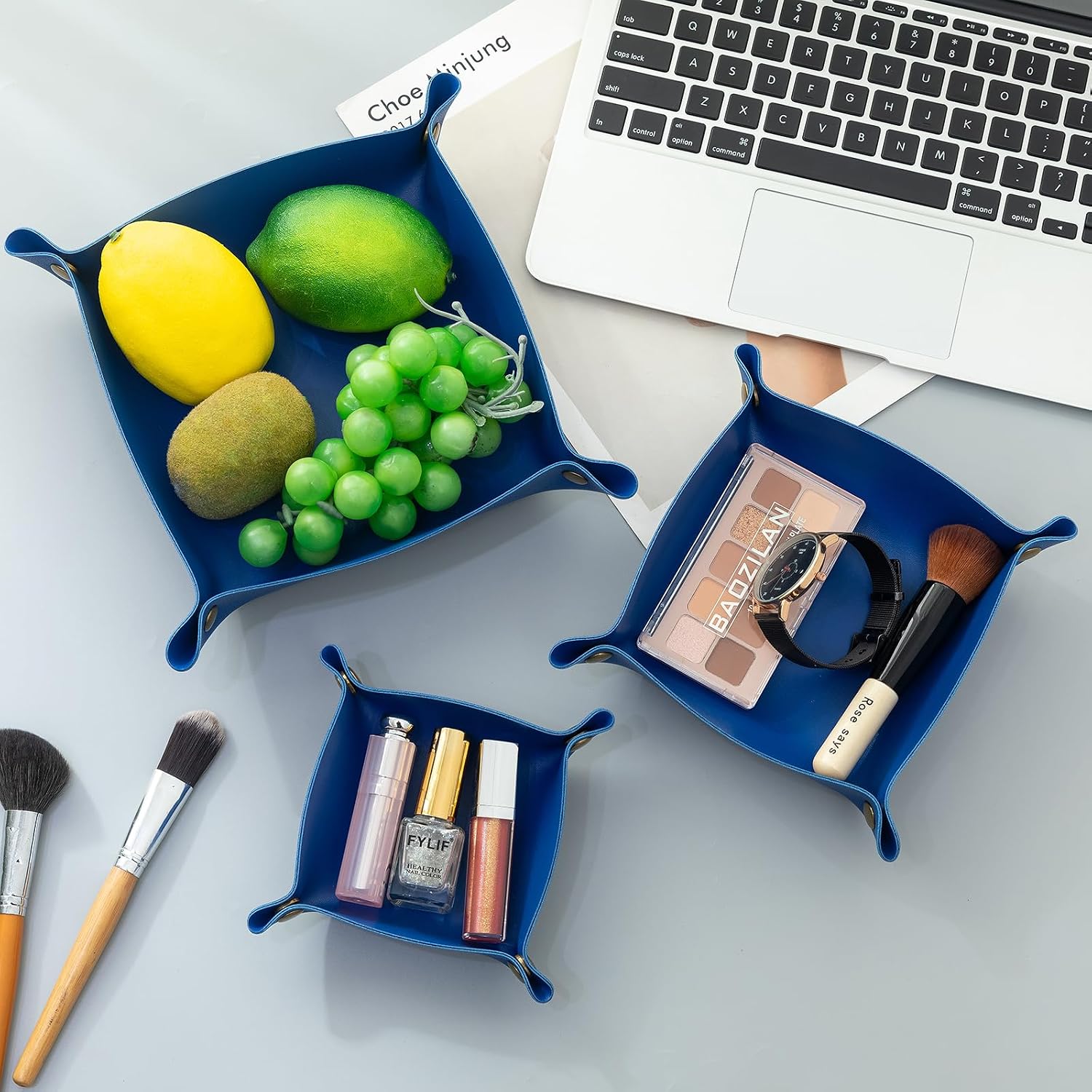 3 packs PU Leather Tray in 3 Sizes Jewelry Tray Glossy Leather Desk Organizer Leather / Klein Blue