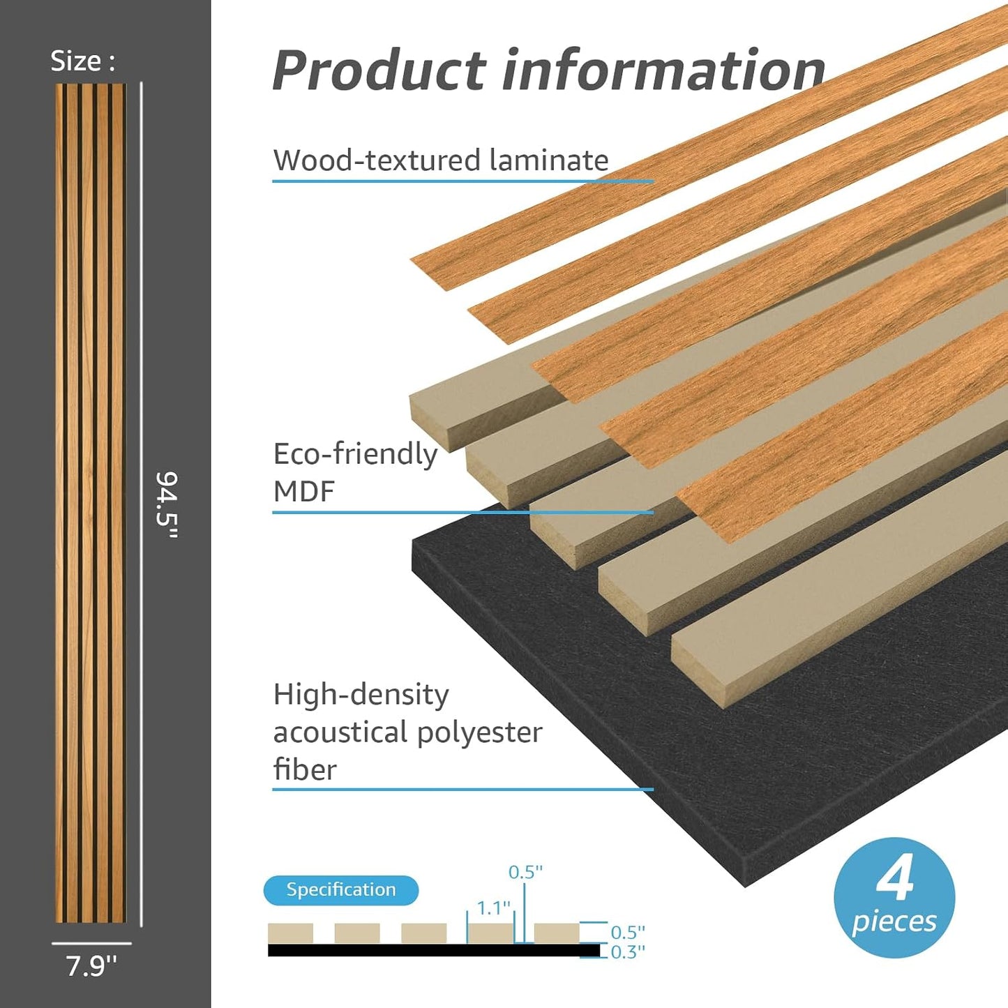 Art3d 4-Pack Acoustic Wood Slat Wall Panels for Interior Decor, 3D Fluted Sound Absorbing Wood Paneling for Accent Wall