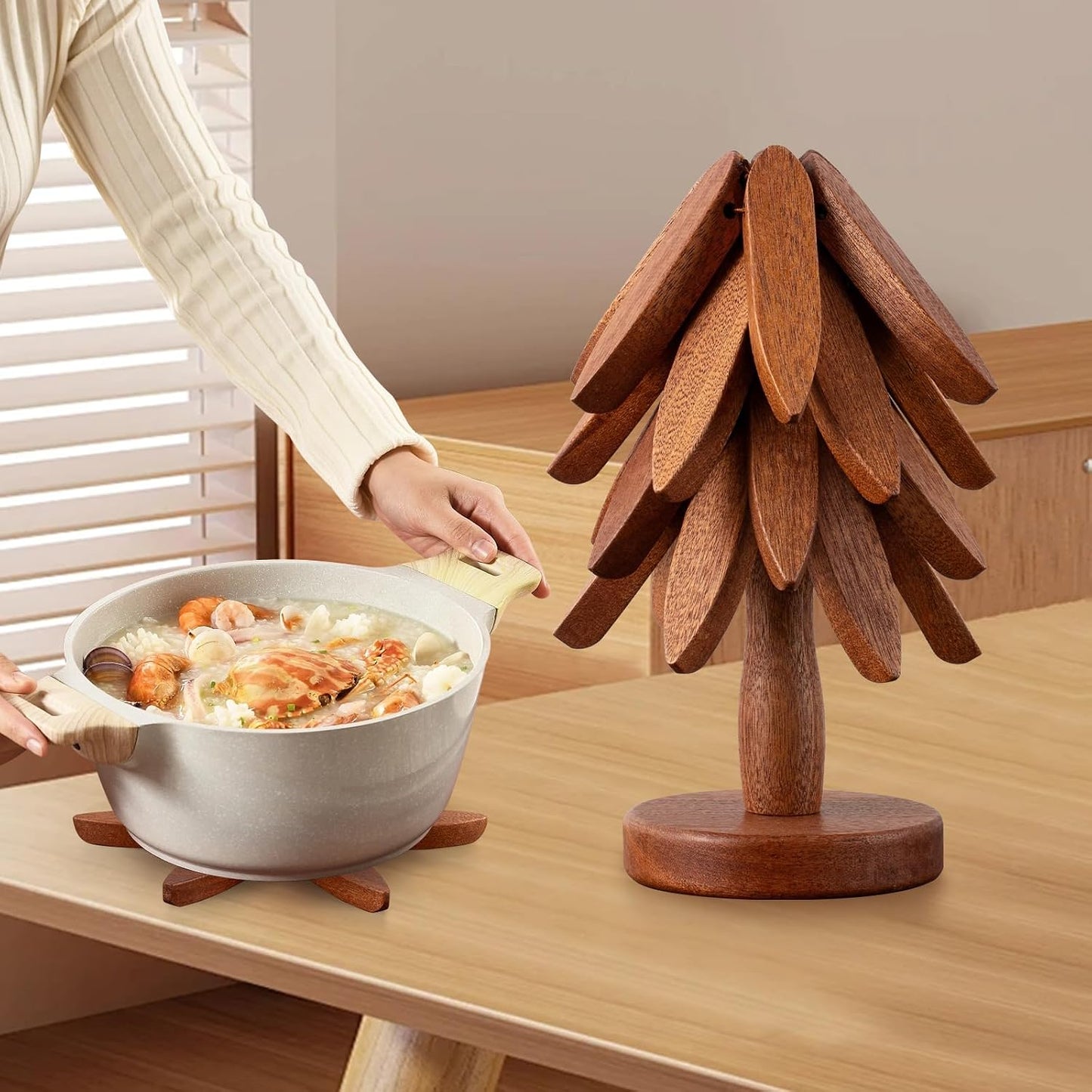 Vertdens Wooden Trivets for Hot Dishes, Hot Dish Coaster with Tree-Shaped Wood Collapsible Hot Pad Trivet Tree for
