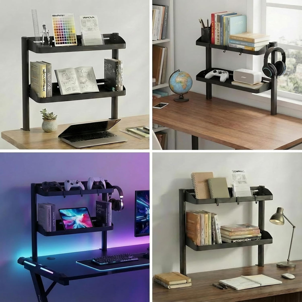 Clamp on Desk Shelf, 17in 2-Tier Office Desk Shelves Organizer, Small Shelf for Top of Desk with Headphone Holder and