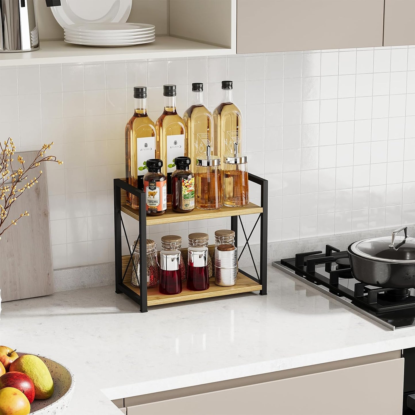 Giikin Countertop Shelf Organizer, 2 Tier Kitchen Spice Rack Organizer for Countertop, Wood Coffee Counter Shelf