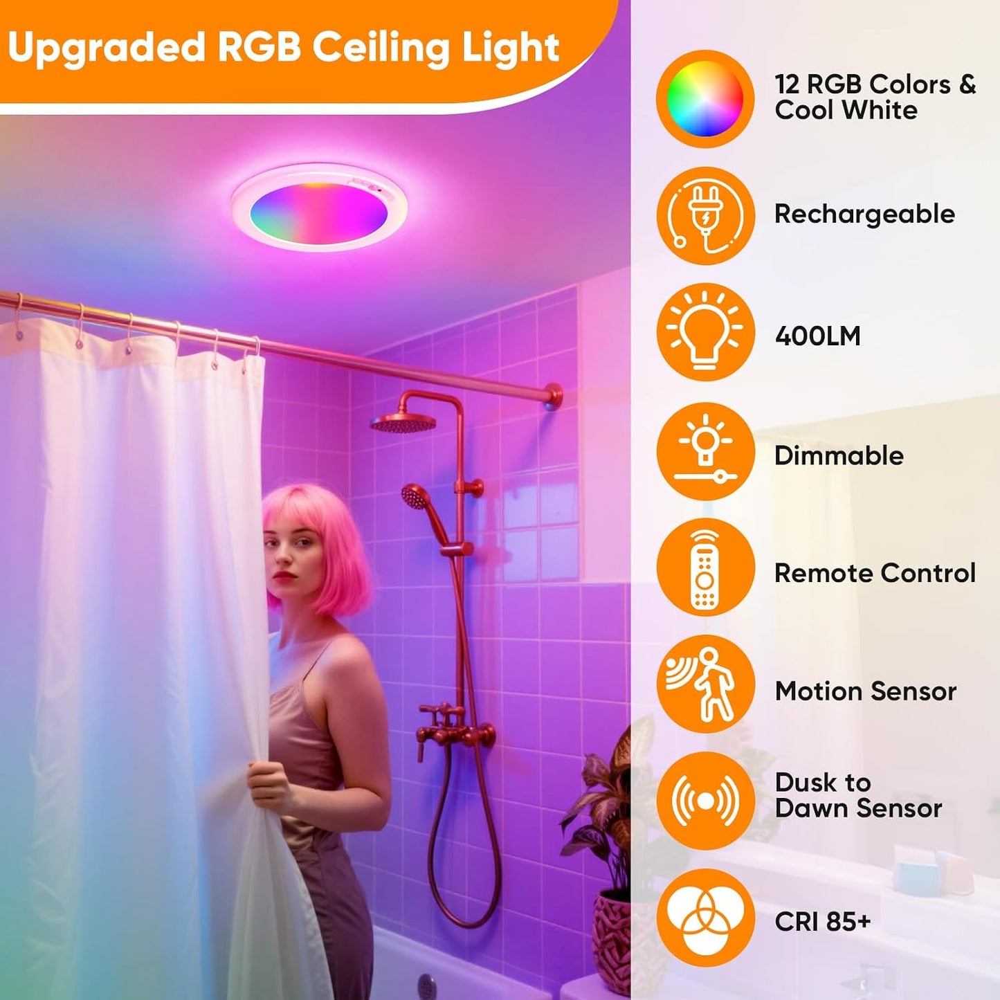 Rechargeable Motion Sensor Ceiling Light, Battery Closet Light 12 RGB Color | Wireless Battery Powered LED Shower