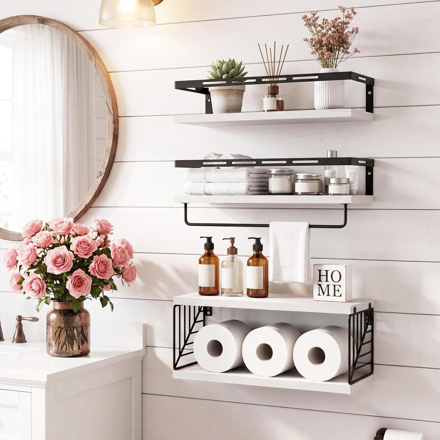 Fixwal Wall Mounted Bathroom Shelves Over Toilet (3+1 White) | Wall Shelf with Basket Storage , Towel Bar, Solid Wood