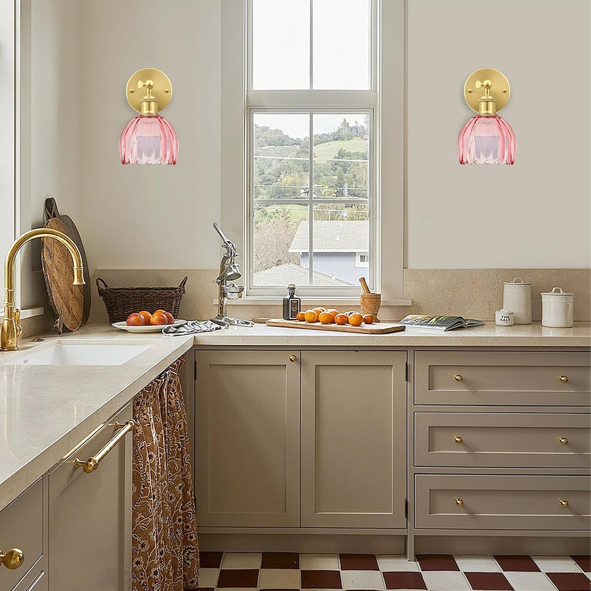 Vintage Battery Operated Wall Sconce, Pink Tulip Glass Lampshade Wireless Rechargeable Battery Powered LED Wall Light