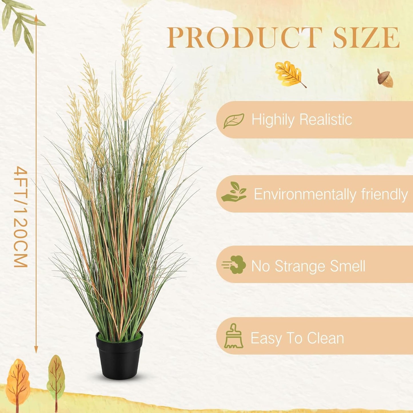 Tall Artificial Grass Plant Potted Artificial Greenery Floor Plants Faux Pampas / 4 Ft / Set of 4