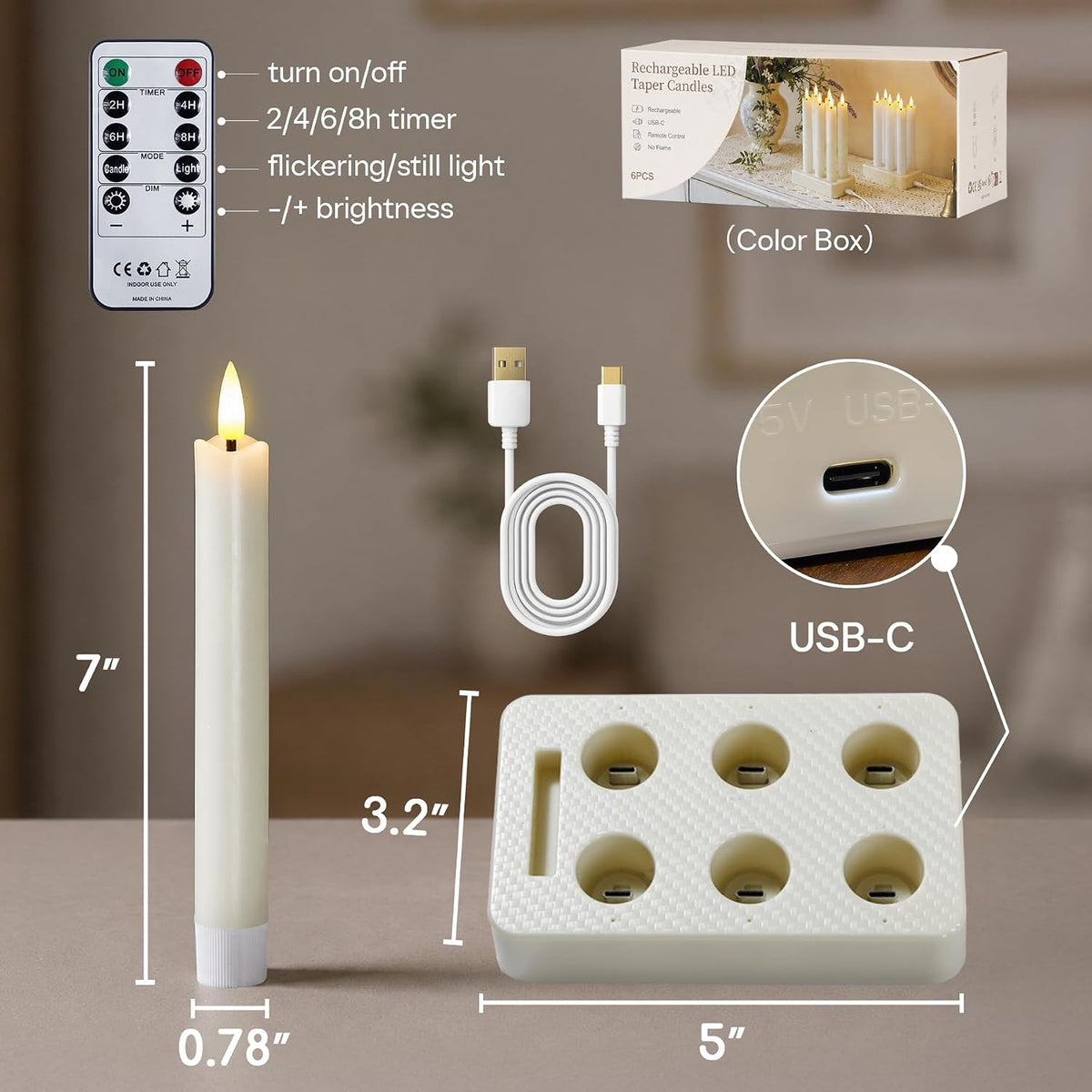 Rechargeable LED Taper Candles with Remote Timer, Flameless Ivory Real Wax Set of 6 with Charging Station, Flickering