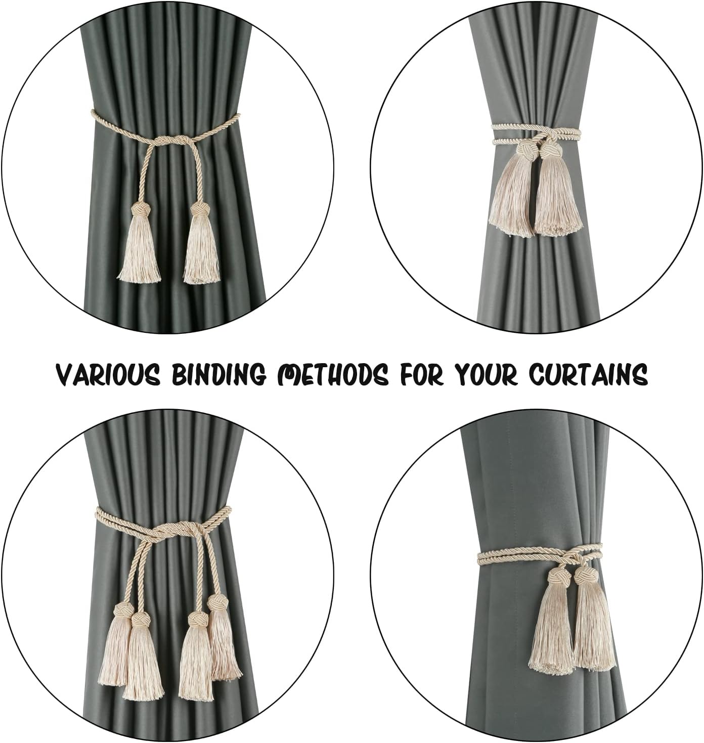 BEL AVENIR 6 Pack Handmade Rope Tassel Curtain Tiebacks | Decorative Curtain Holdbacks with Tassel (Beige, 6 Pack)