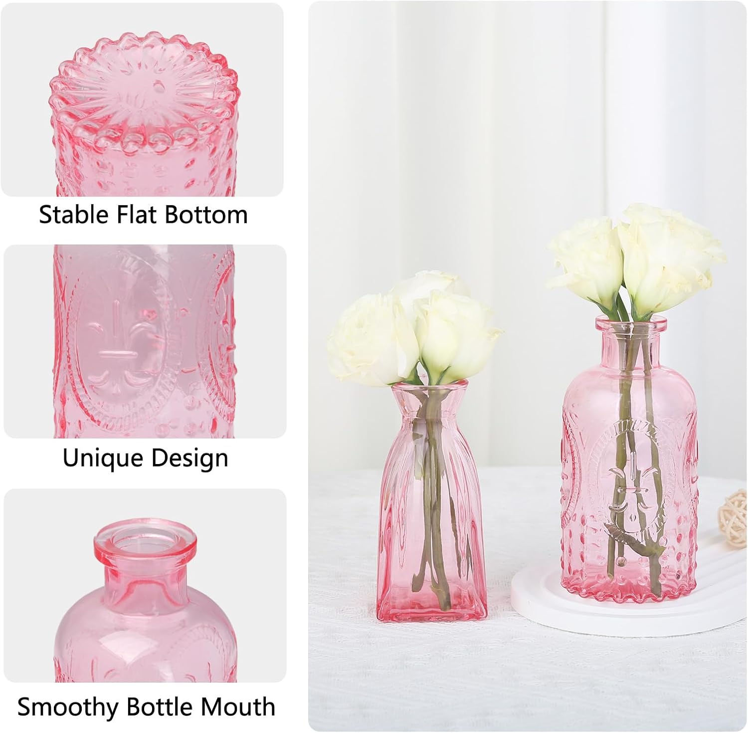 Glass Bud Vases Mini Flower Vase Small Vintage Vases for Centerpiece Table Wedding / Pink
