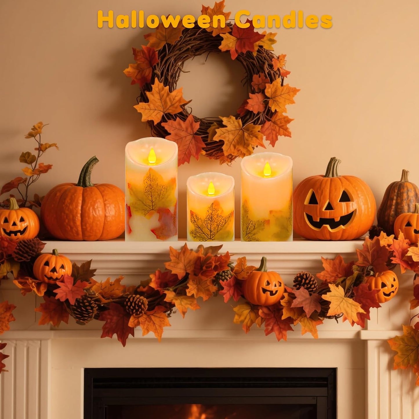 Maple Leaf Flameless Candles Set of 3, Fall Candles with Remote & Timer | Flickering Real Wax Pillar Candles Battery