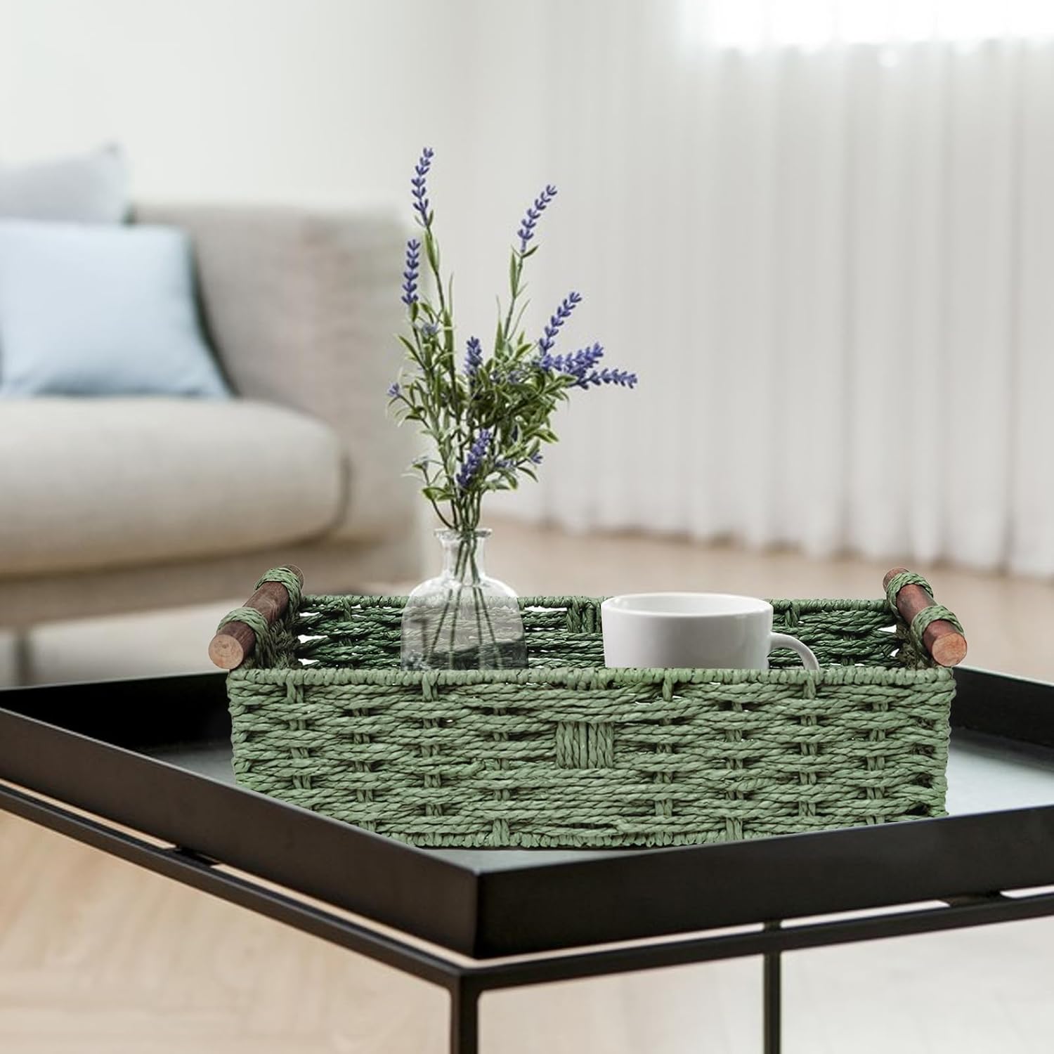 Round Paper Rope Storage Basket Wicker Baskets for Organizing / Green