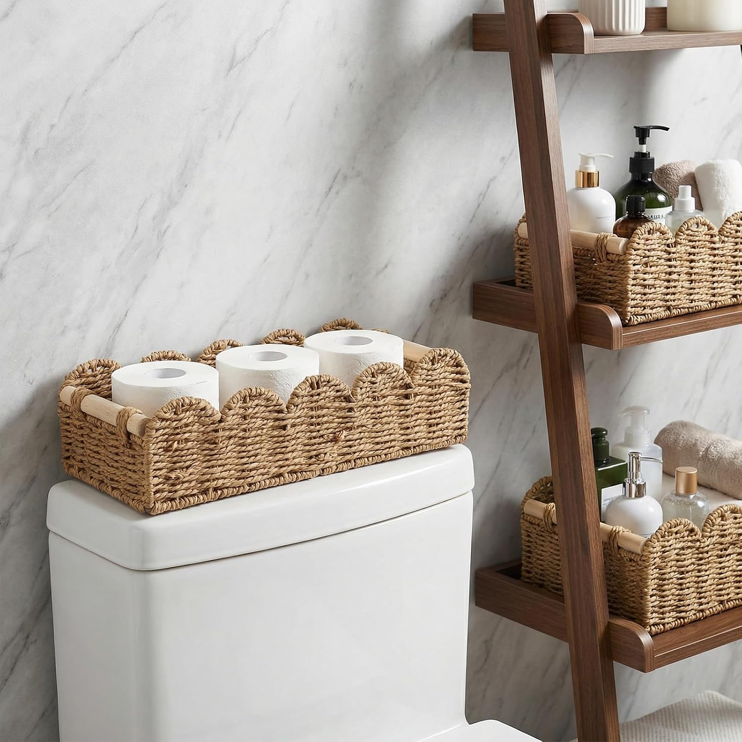 Scalloped Edge Paper Rope Wicker Basket for Over Toilet Tank Top / Beige / Set of 2