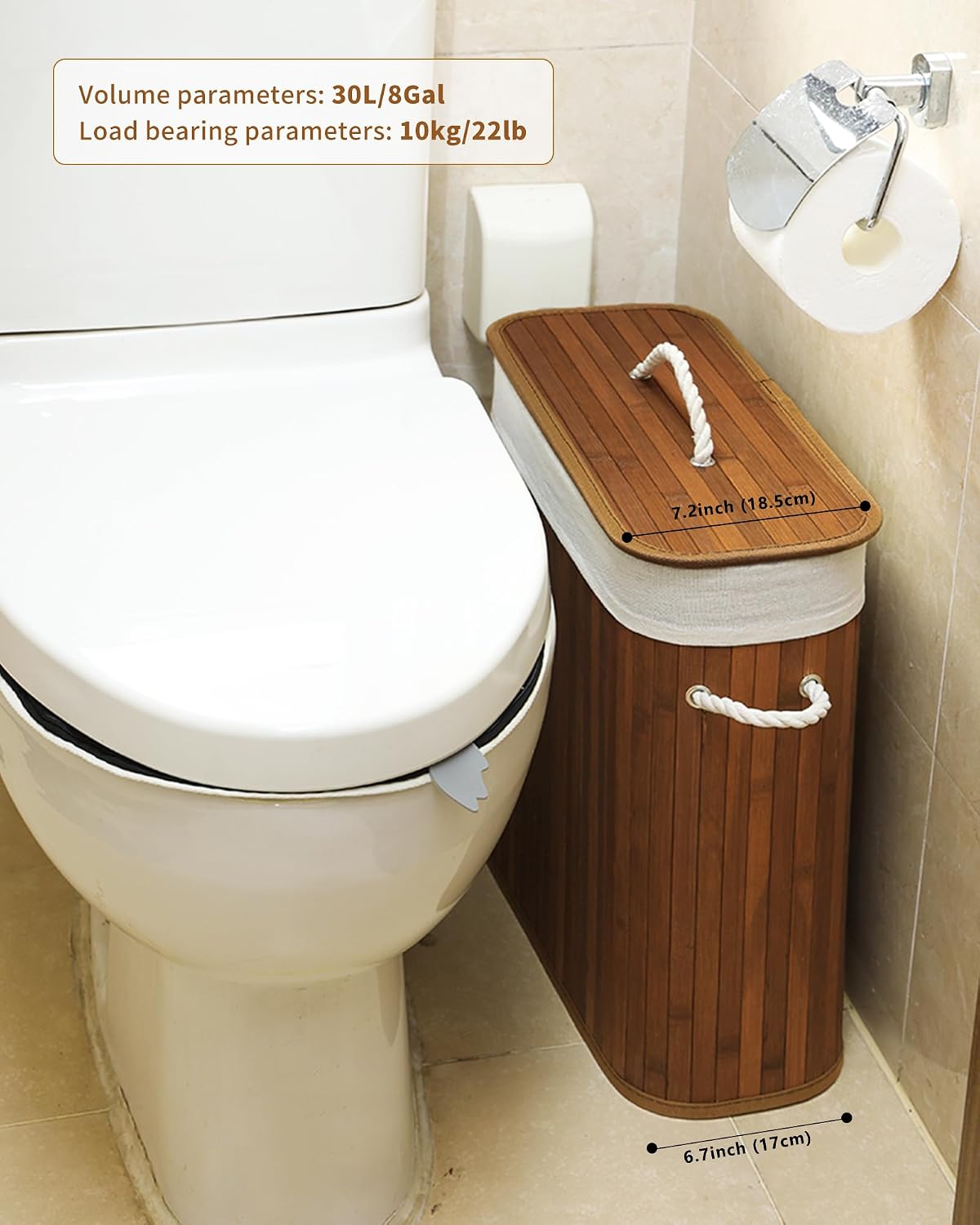 Bamboo Toilet Paper Storage with Lid & Handel, 8 Gallons (30L), Sturdy Toilet Paper Basket, Organizer for Bathroom
