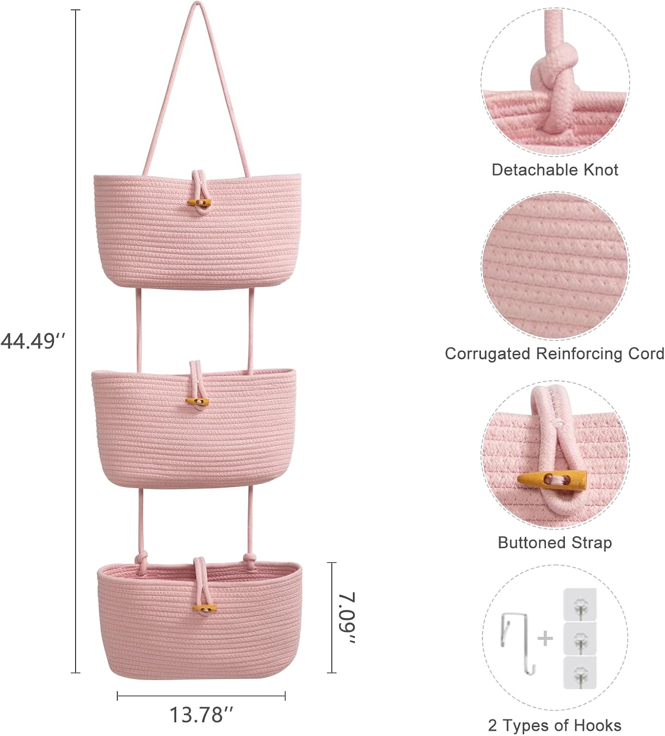 3-Tier Woven Cotton Storage Organizer Bag / Pink / 3 Tier+button