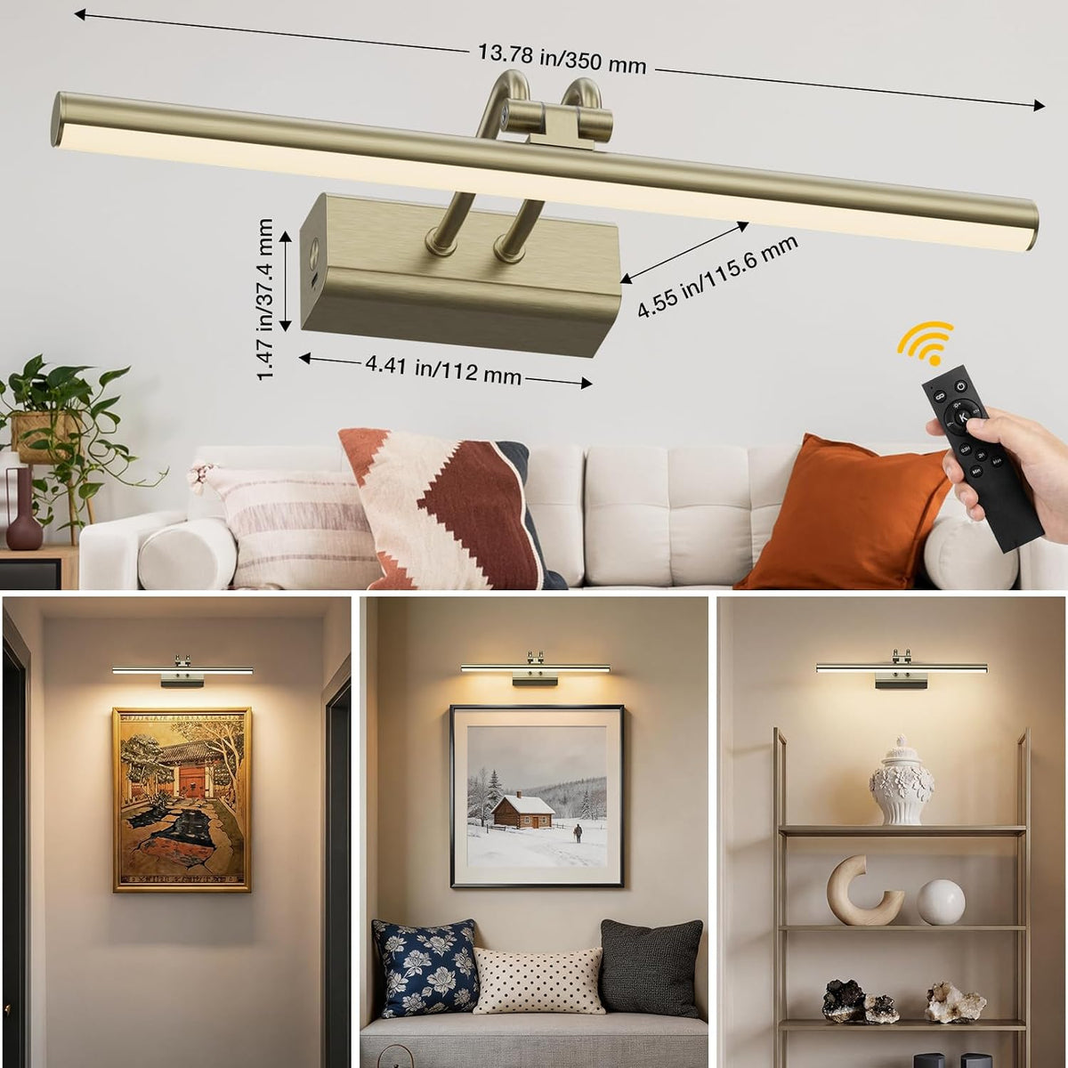 Picture Light for Wall, Antique Brass, 13.8", Remote Control | 4000mAh Cordless,Wall Light, Magnetic for Easy to