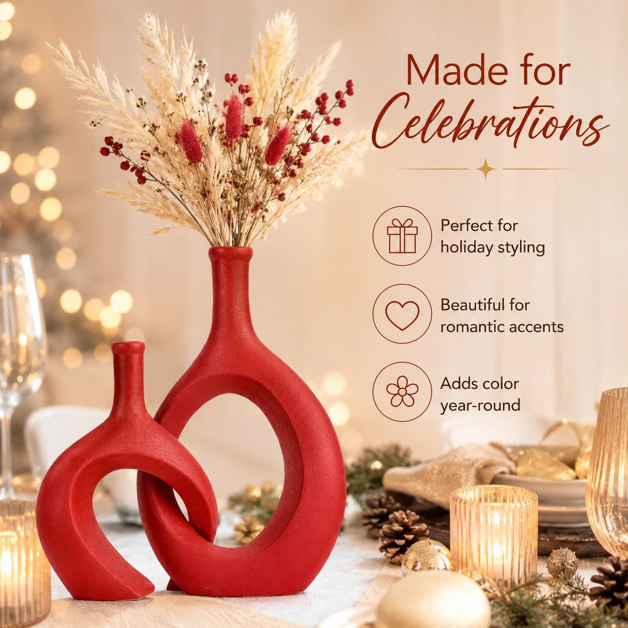 Modern Snuggle and Huging Style Ceramic Vase for Pampas Grass / Red / Set of 2