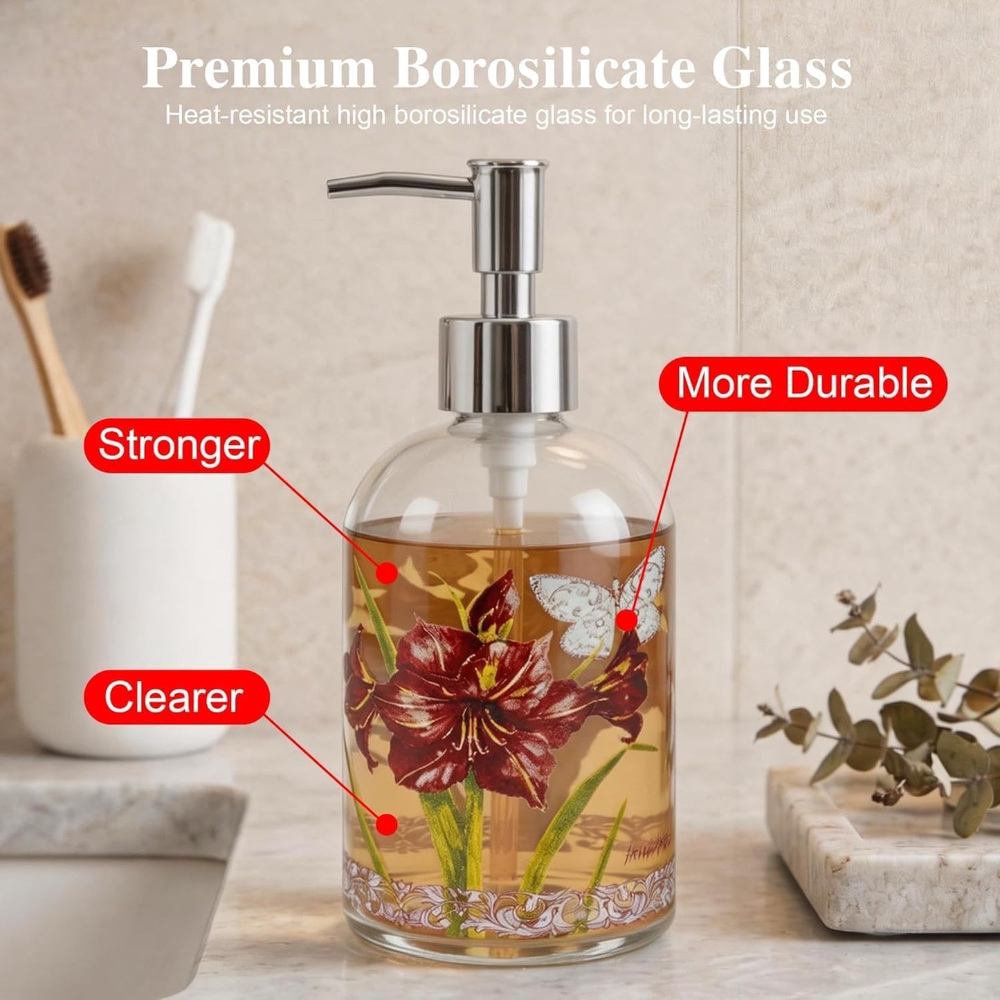 Topadorn Glass Soap Dispenser Set, Hand & Dish Soap Bottles with Pump | 2 Pack Botanical Glass Bottles • Vintage Floral