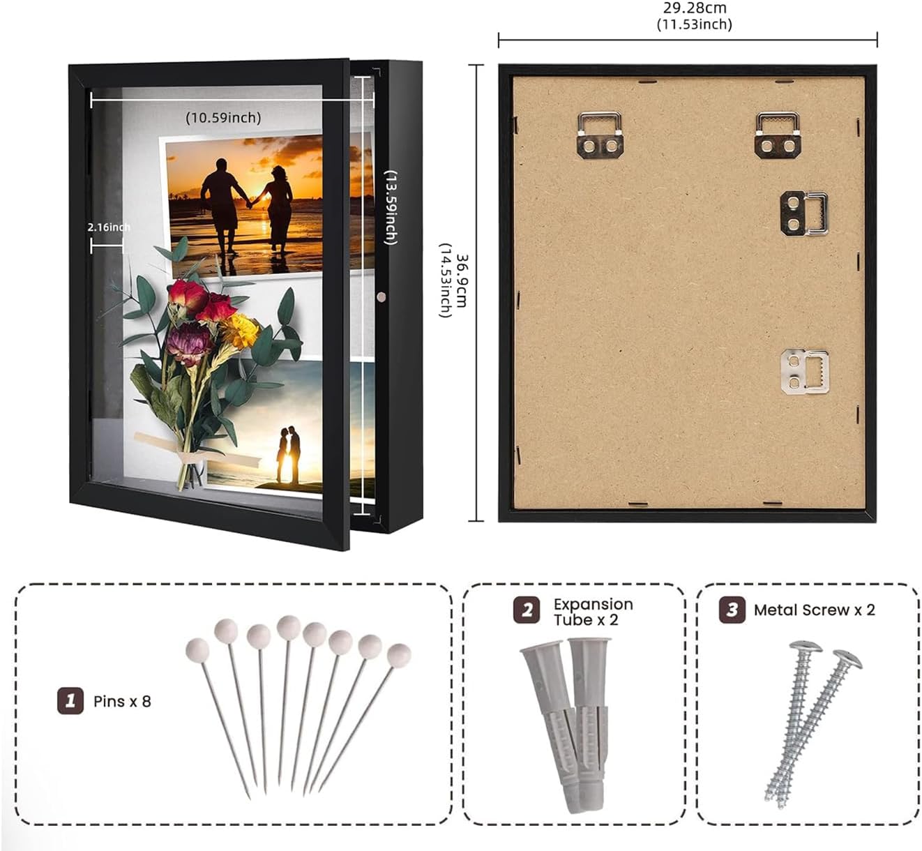 Muzilife 11x14 Shadow Box Wood Picture Frame, 2.16 Deep, Real Glass, Black | FSC-Wood, Magnetic Door, Linen Interior &