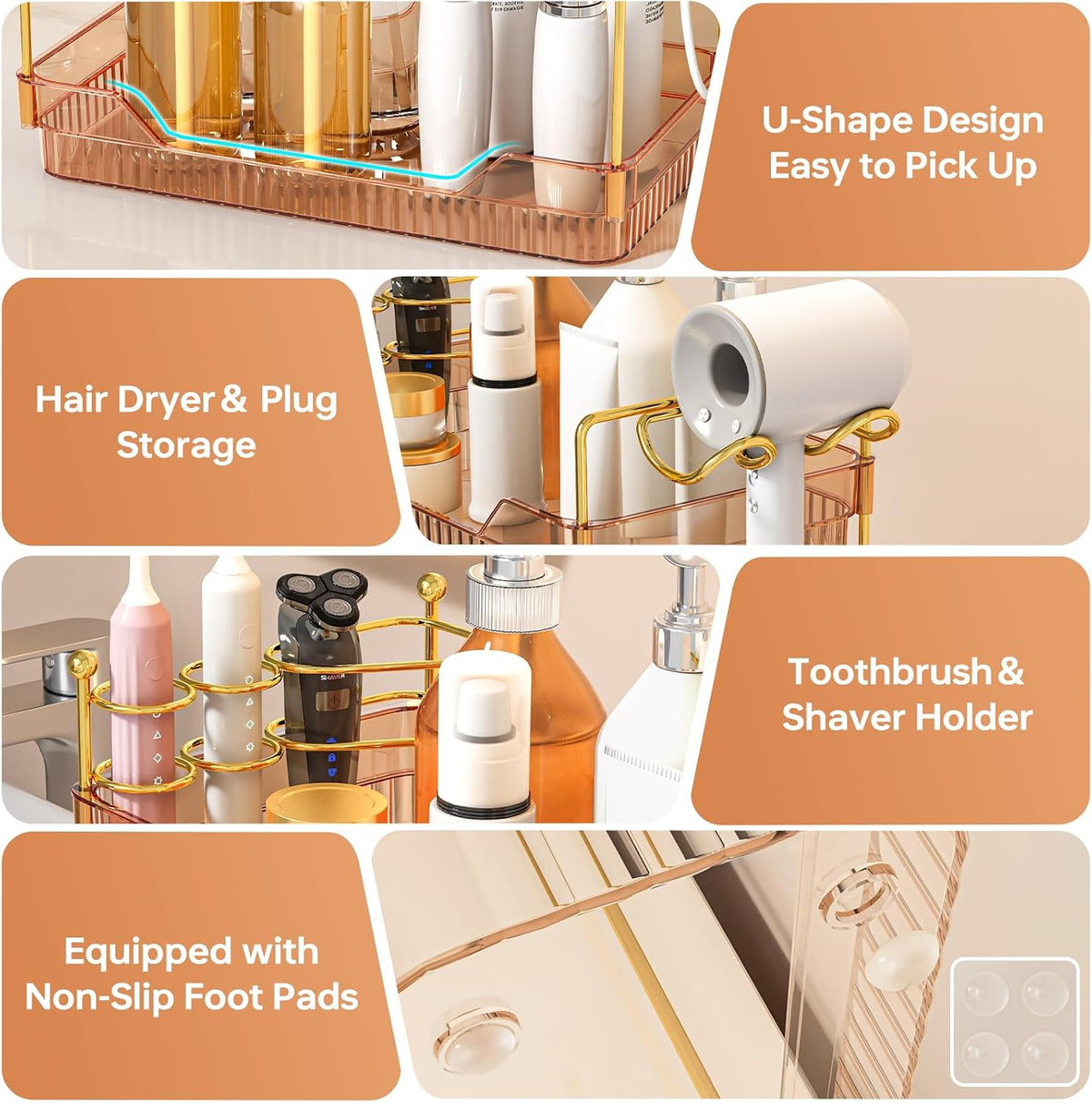 3-Tier Bathroom Countertop Organizer - Amber Acrylic Vanity Trays with Hair Dryer & Toothbrush Holder - Luxury