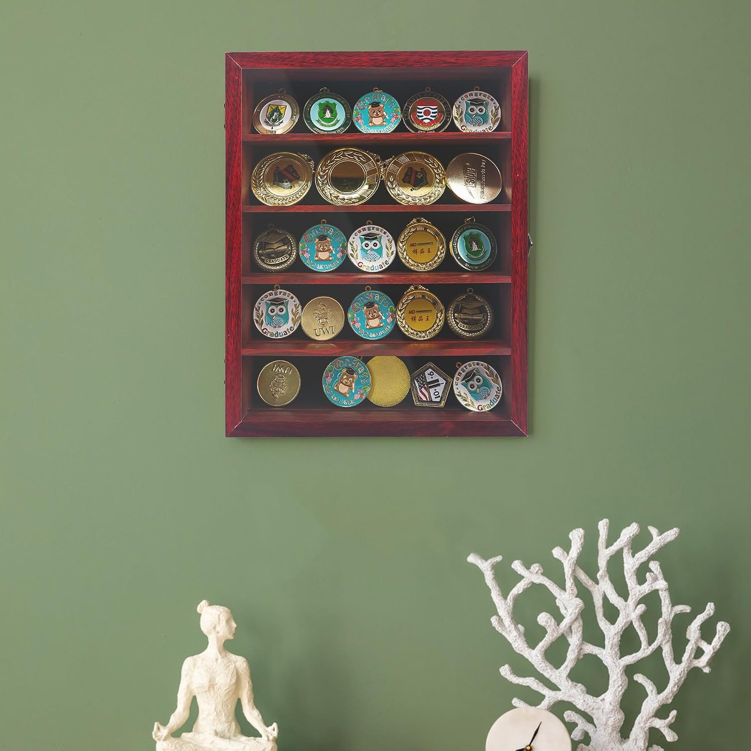 FramePro 11x14 Display Case with Adjustable Shelves Cherry, 4-Tier Memory Shadow Box for Wall, Deep Wooden Keepsake