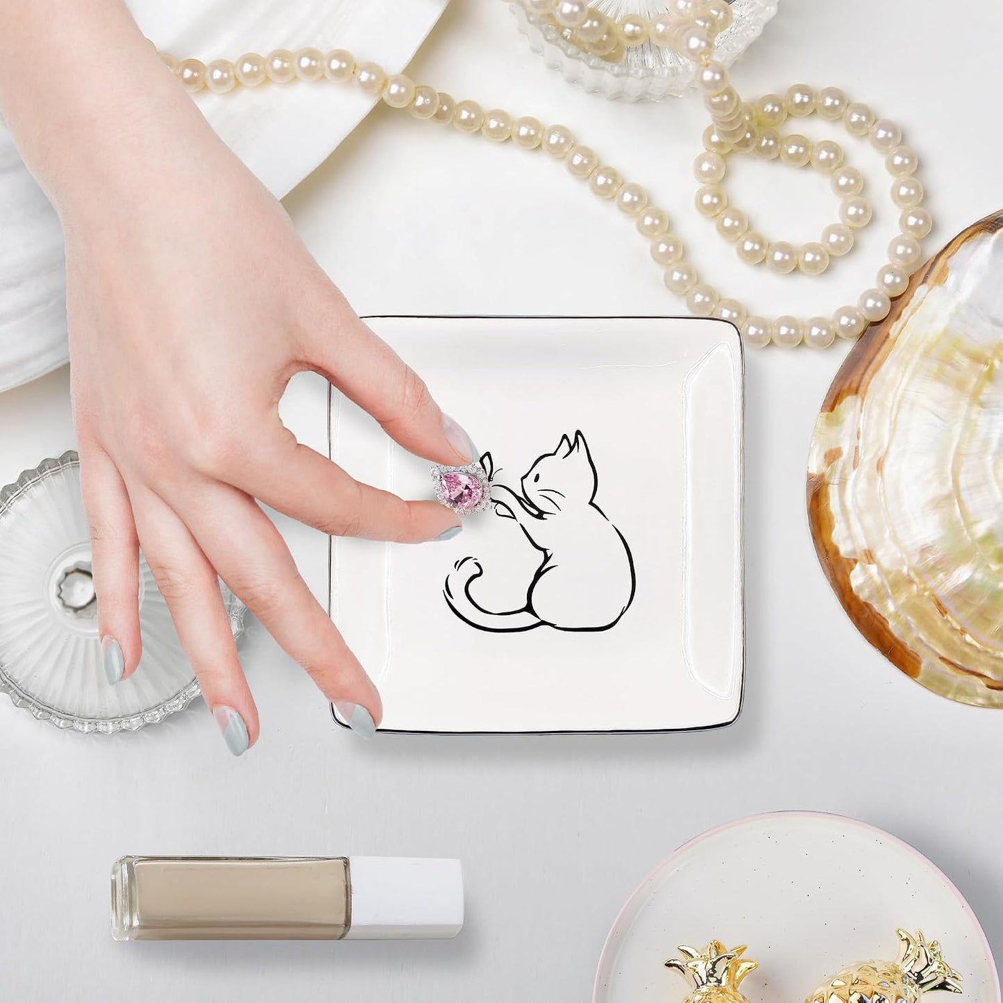 Ceramic Jewelry Tray for Rings & / Cat Butterfly / Black