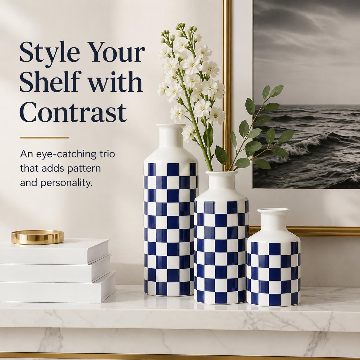 Black and White Ceramic Vase Set 3 / Blue