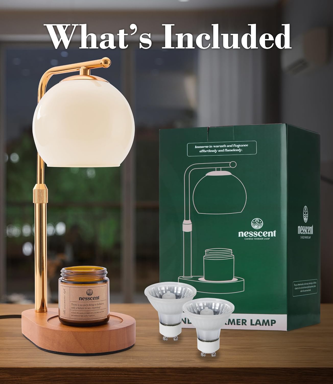 Ivory Glass Candle Warmer Lamp Adjustable Height with Timer 2 4 8H | Warm Gold Hardware | Dark Walnut Base | Dimmer Wax