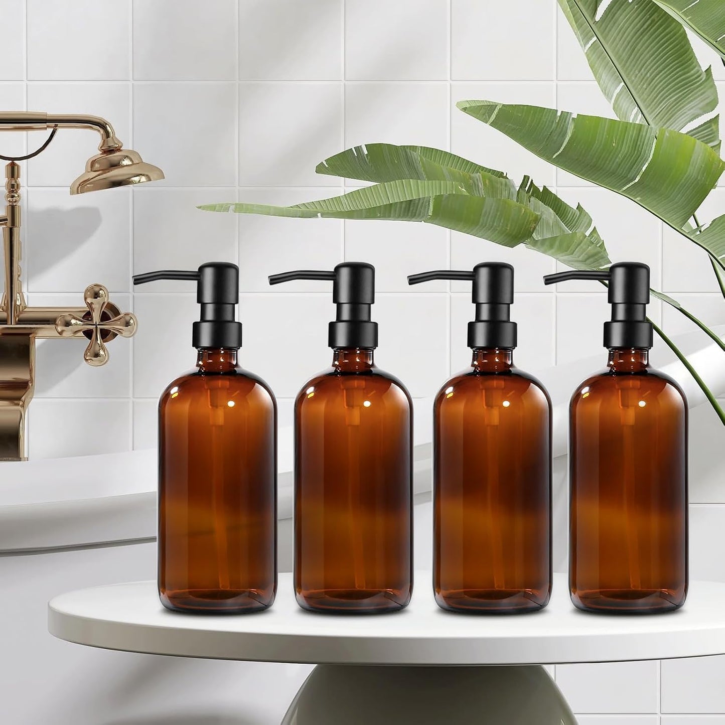 GMISUN Amber Glass Soap Dispenser, 4 Pack Bathroom Hand Soap Dispensers with Stainless Steel Pump, 17 Fl Oz Kitchen