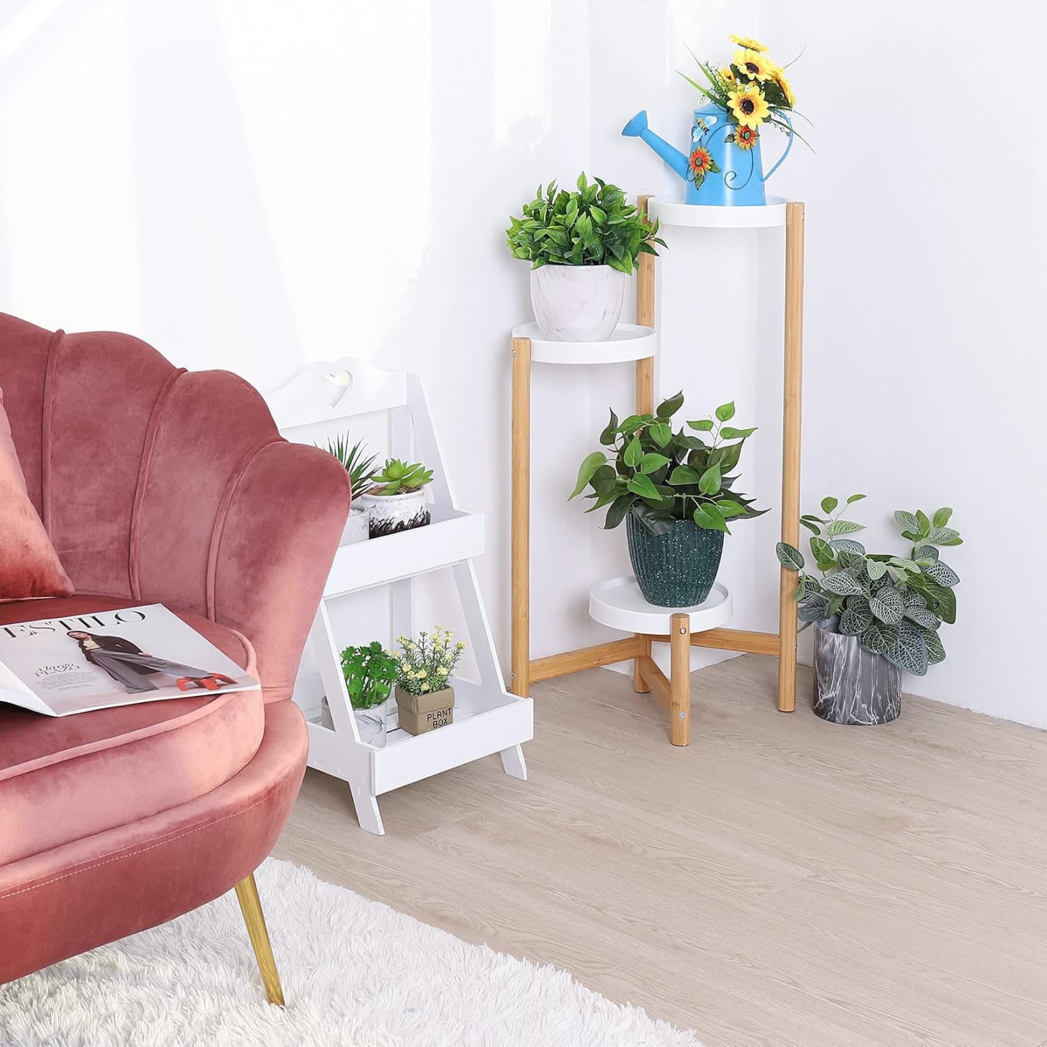 unho 3-Tier Bamboo Plant Stand: Nordic Style Potted Flower Display Shelf Holder Indoor Planter Rack with White Round