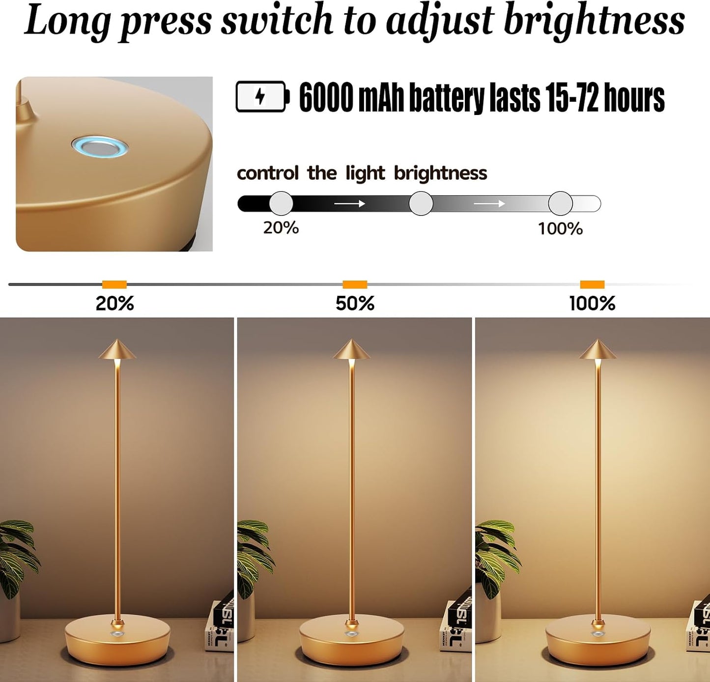 Rechargeable Cordless Table Lamp, Portable Powered LED Battery 6000mAh Metal USB Desk Lamp, 3 Levels Brightness Light