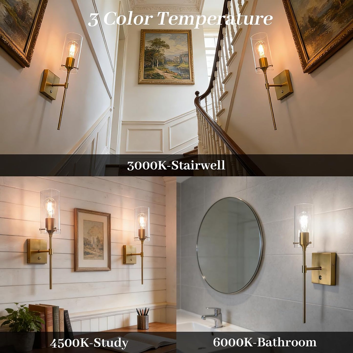 Battery Operated Wall Sconces Set of 2 with Remote Control, Gold | Dimmable 3 Colors, Wireless Rechargeable Wall Lights