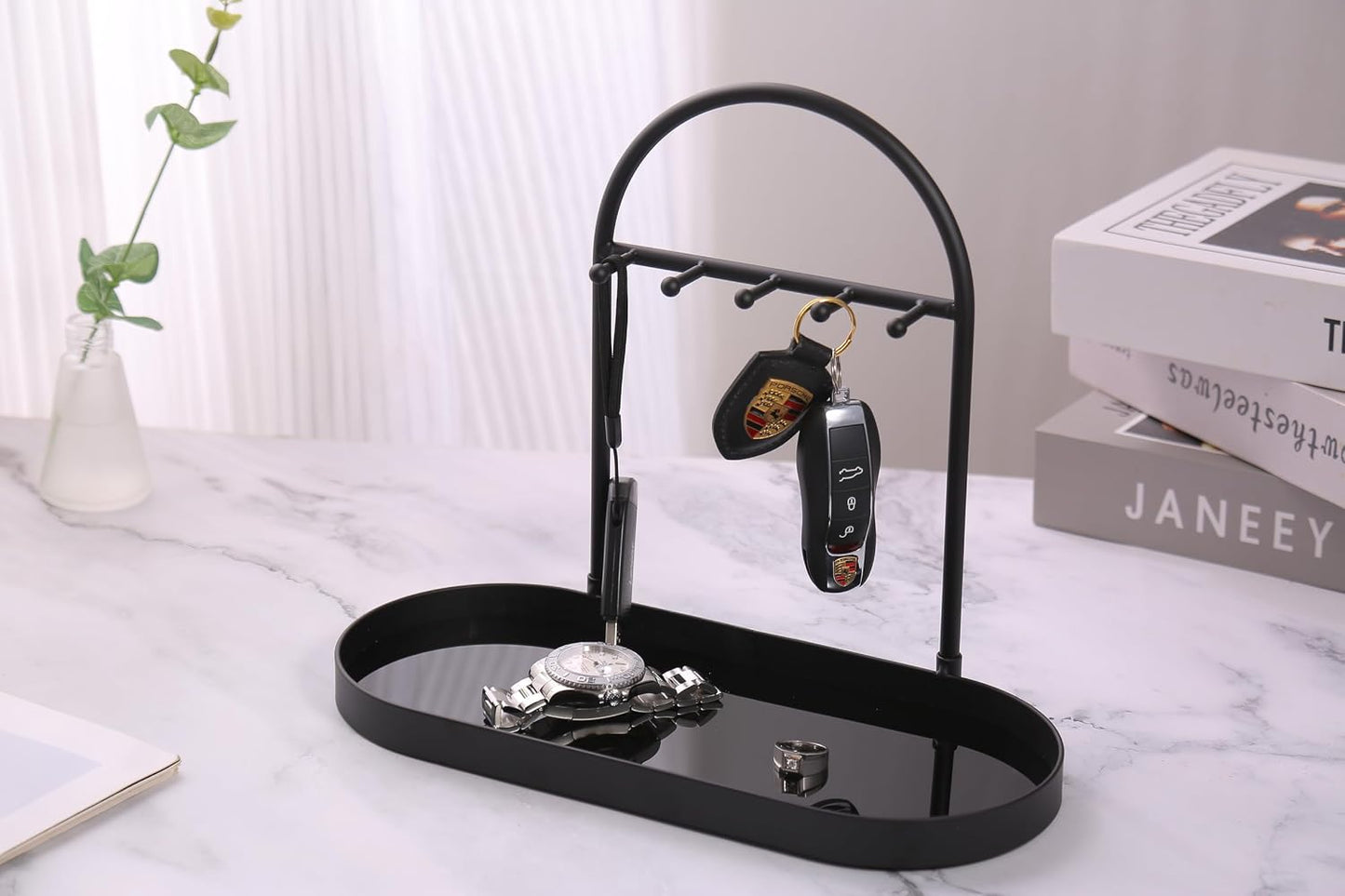 Metal Jewelry Organizer Stand & Key Holder Tray / Matt Black