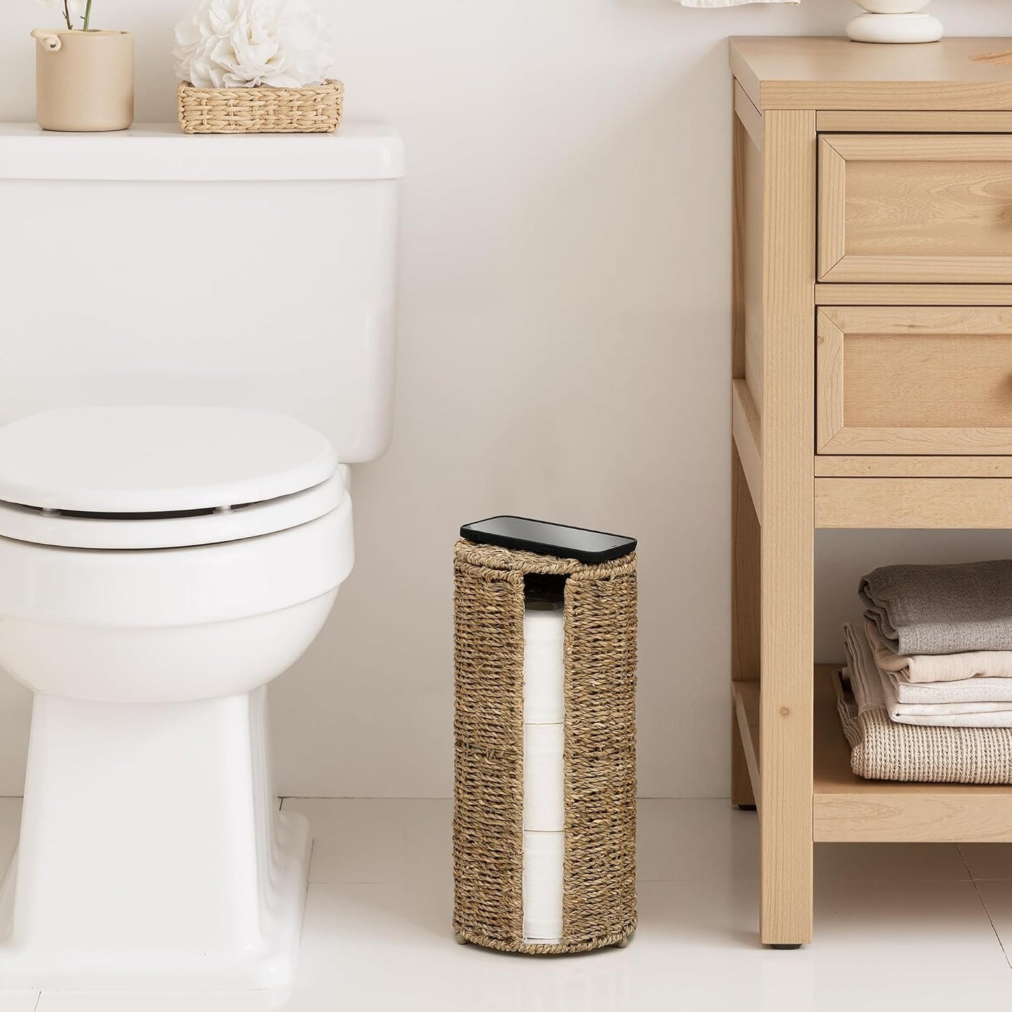 StorageWorks Seagrass Free Standing Toilet Paper Holder Stand for Bathroom, 3 Rolls of Toilet Tissue Storage with a