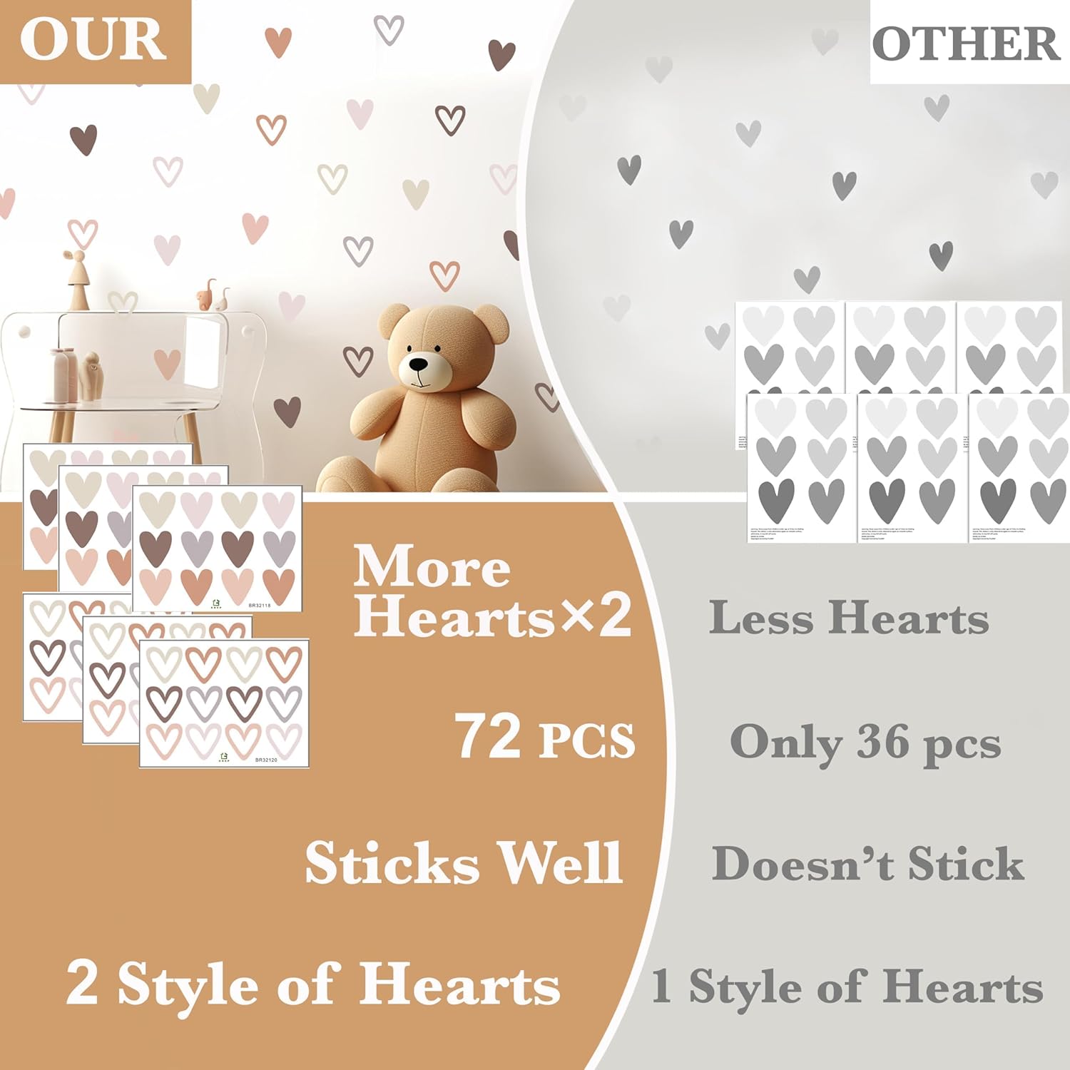 72psc Boho Heart Wall Stickers Girls Bedroom Removable Wall Decals Nursery Kids Decor