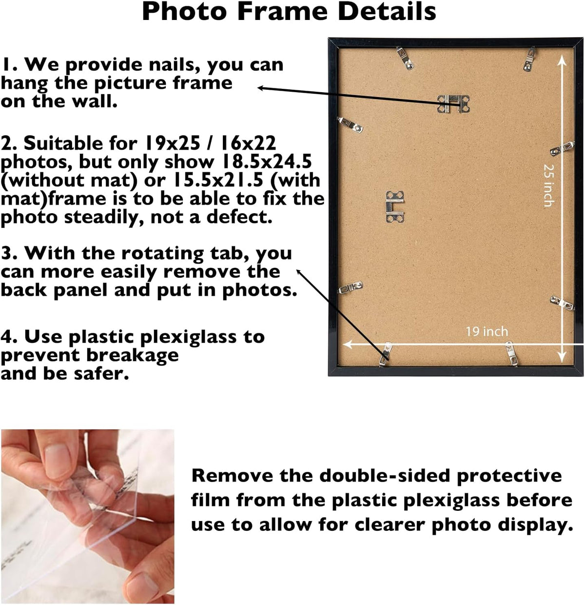 JCJMY 19x25 Picture Frame with 16x22 Mat Set of 4, Display Photo 16x22 with Mat or 19 x 25 Without Mat, Wall Hanging