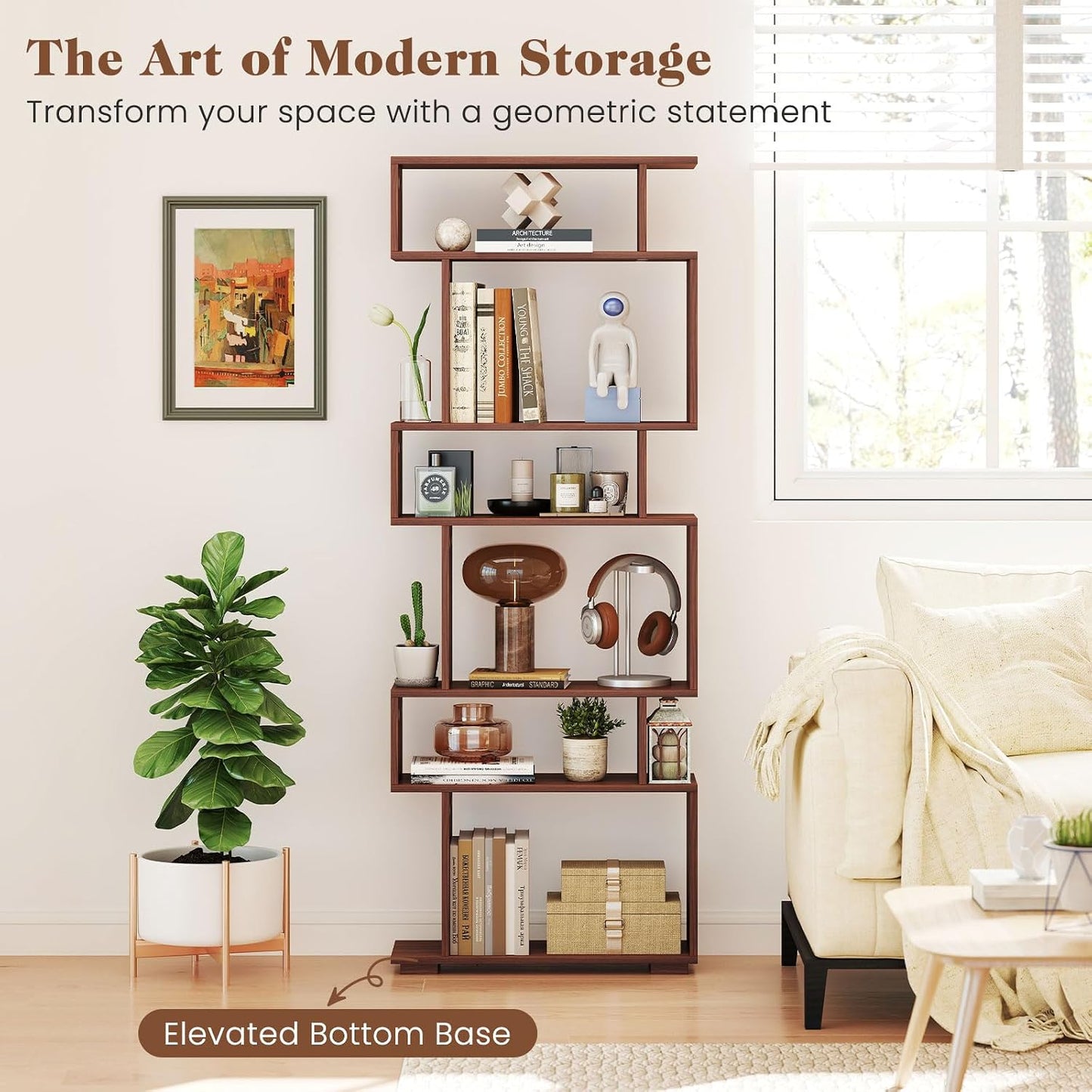 Giantex 6-Tier Geometric Bookshelf, S-Shaped Bookcase with 2 Anti-Tipping Kits, Wooden Display Shelf, Decorative