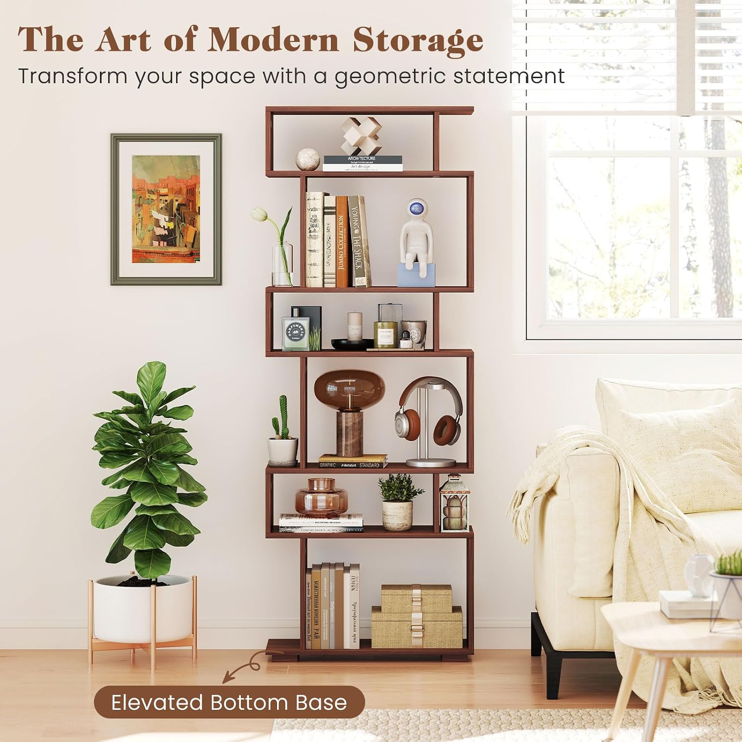 Giantex 6-Tier Geometric Bookshelf, S-Shaped Bookcase with 2 Anti-Tipping Kits, Wooden Display Shelf, Decorative