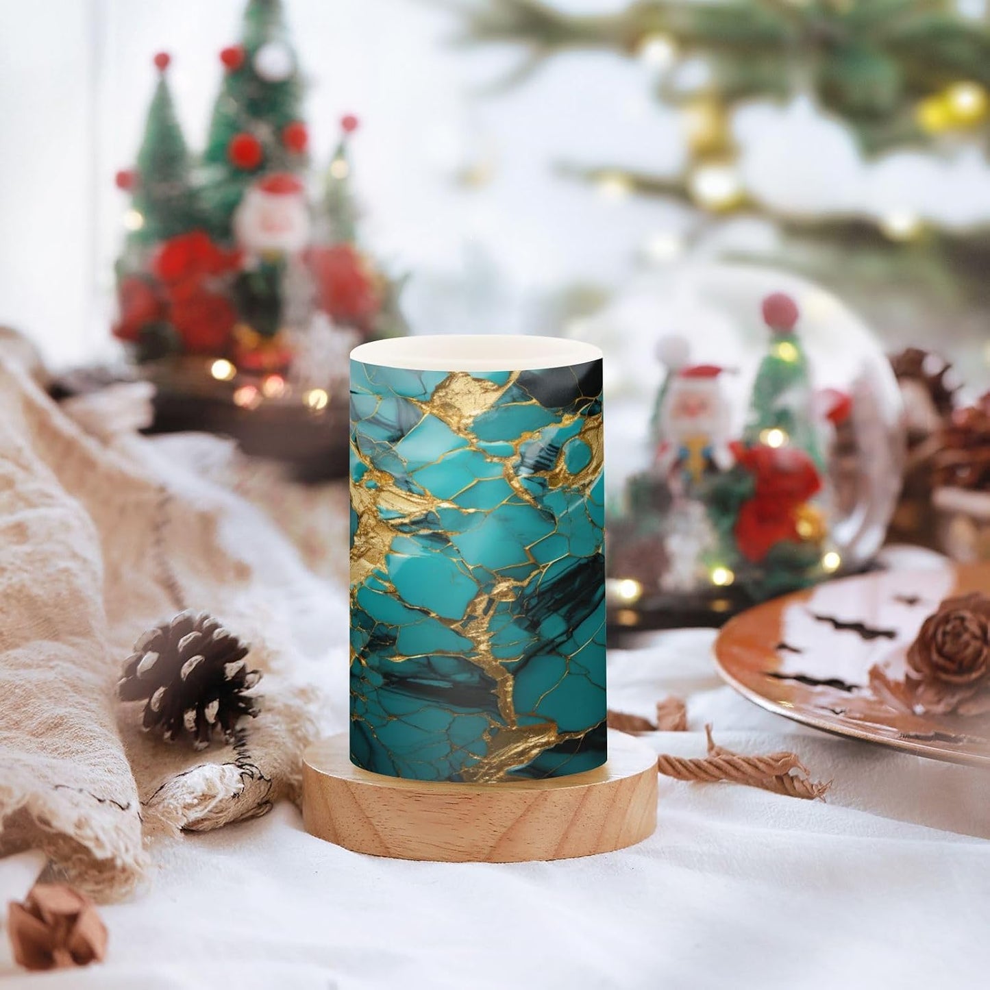 Flickering Flameless Candles, Turquoise Golden Marble LED Candles with Remote Timer, Set of 2 Battery Operated Candle