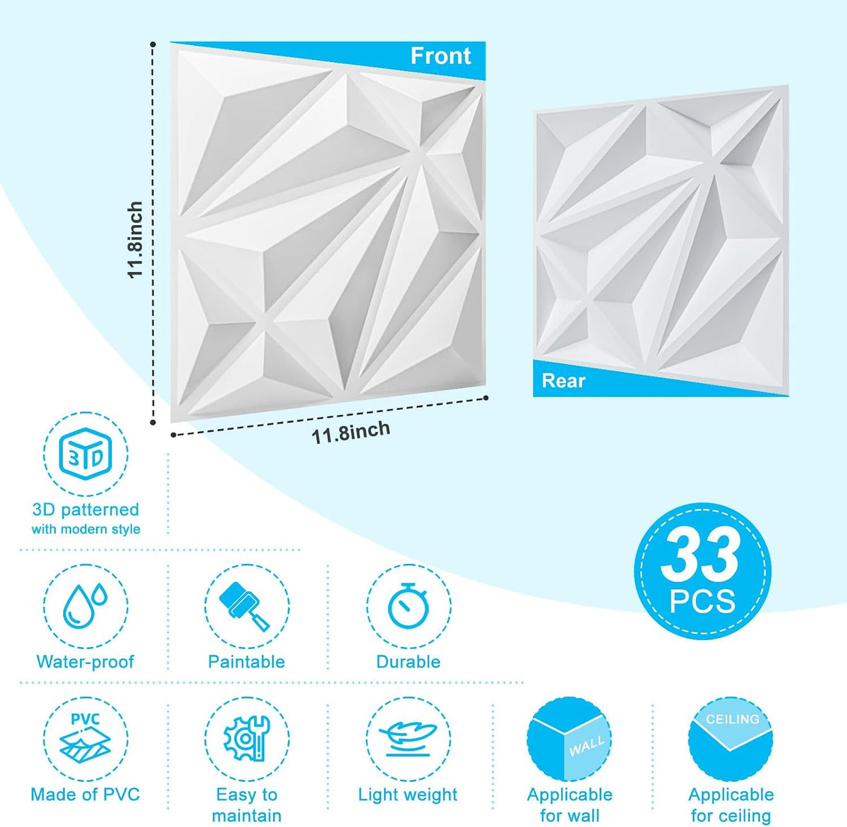 Art3d Diamond Textured 3D Wall Panels, 11.8 x 11.8 in, 33-Pack, White