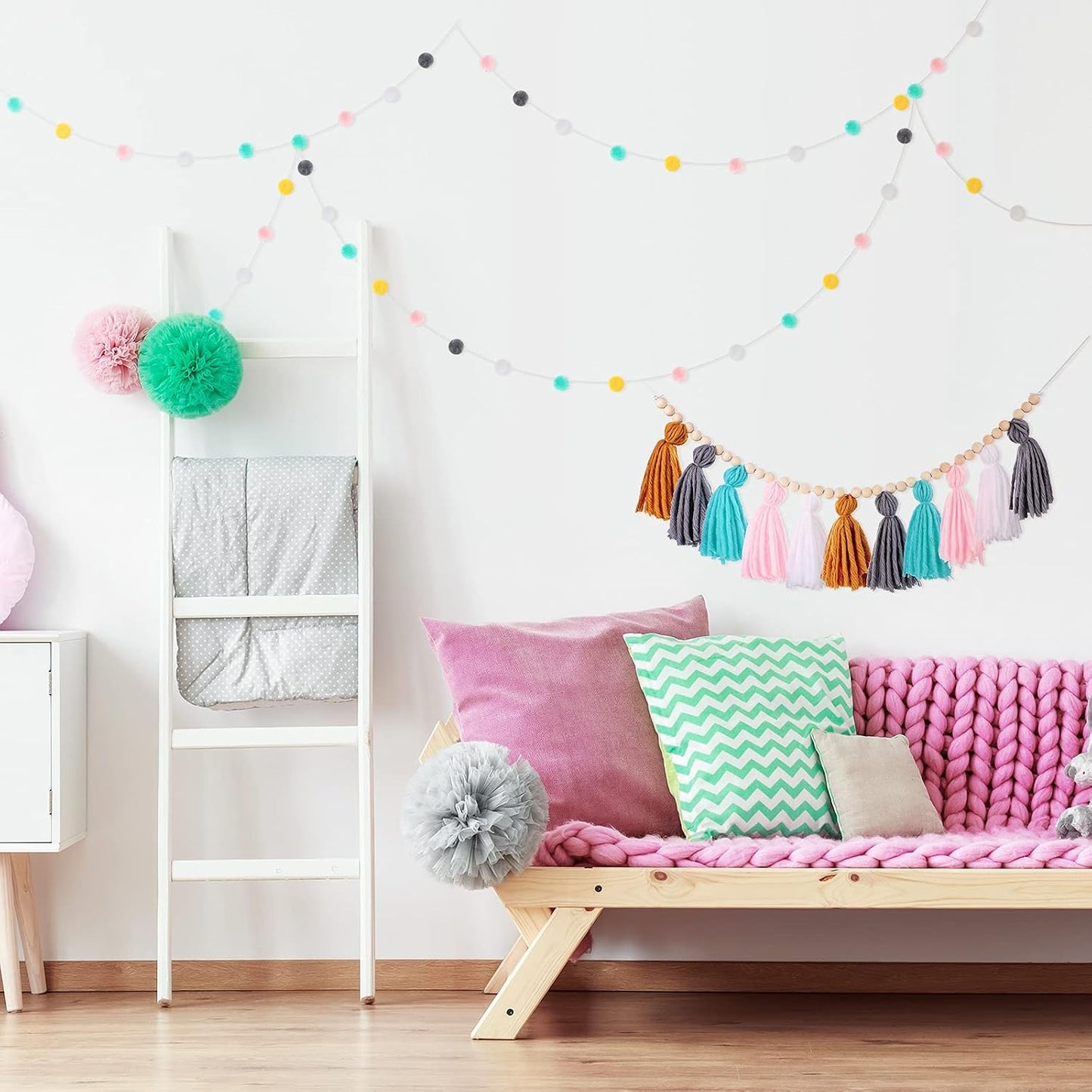 79" 2 Pom Pom Garland Wall Decor and 36" 1 Boho Tassel Garland / Simple Colors / Set of 3