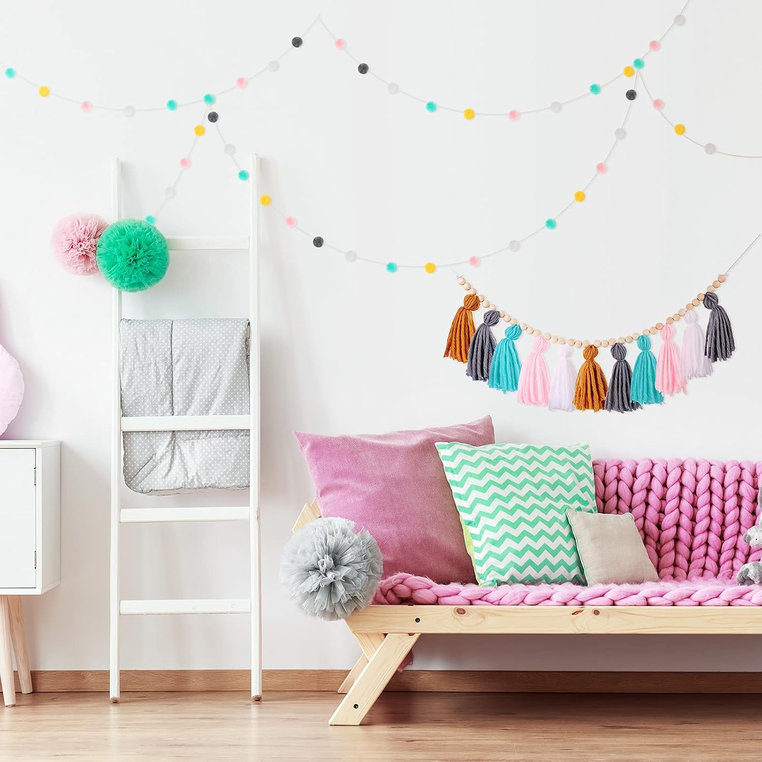 79" 2 Pom Pom Garland Wall Decor and 36" 1 Boho Tassel Garland / Simple Colors / Set of 3