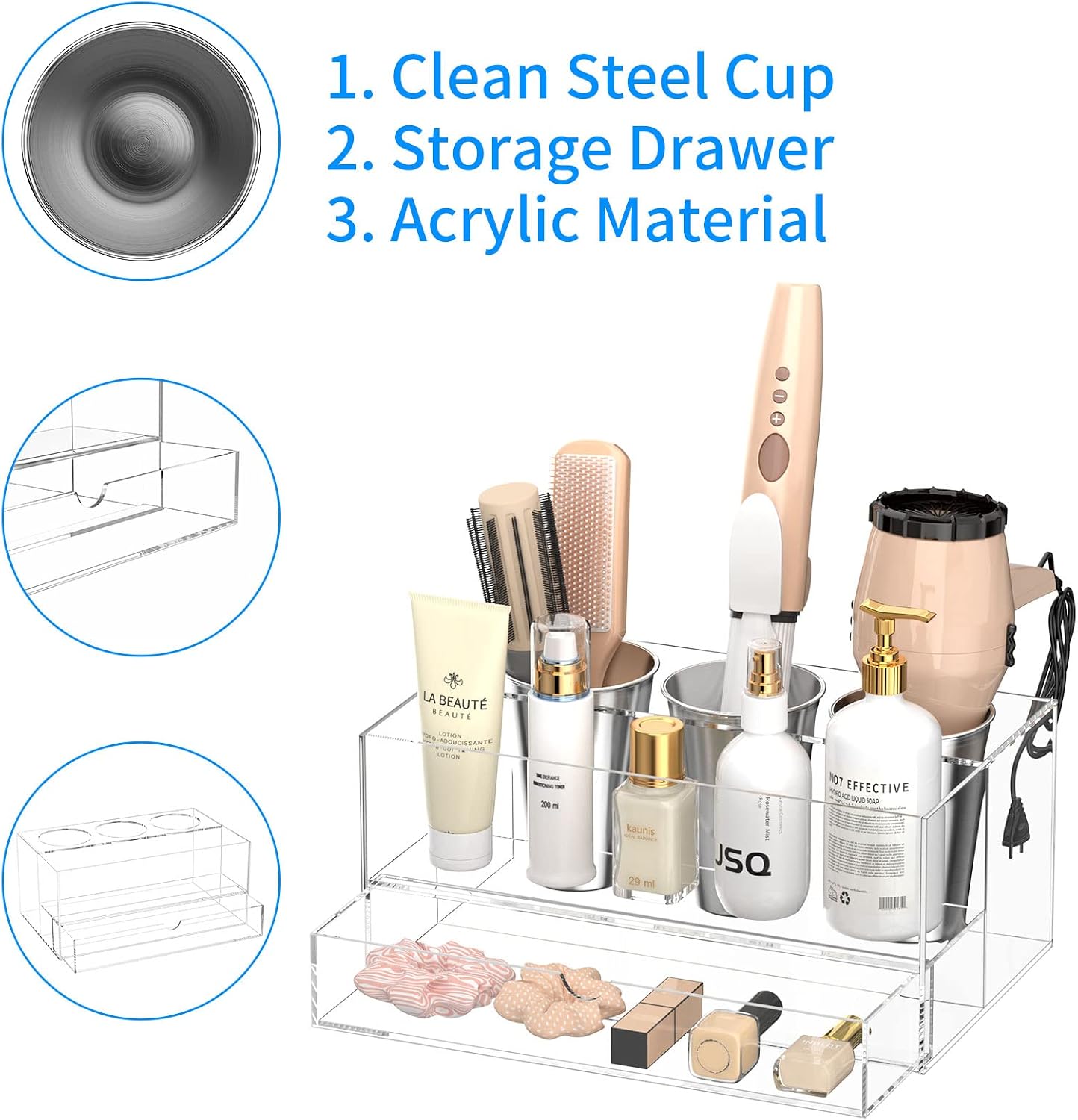 NIUBEE Acrylic Hair Tool Organizer with Drawer, Hair Dryer Holder Organizer | Clear, Hot Tools Organizer Countertop