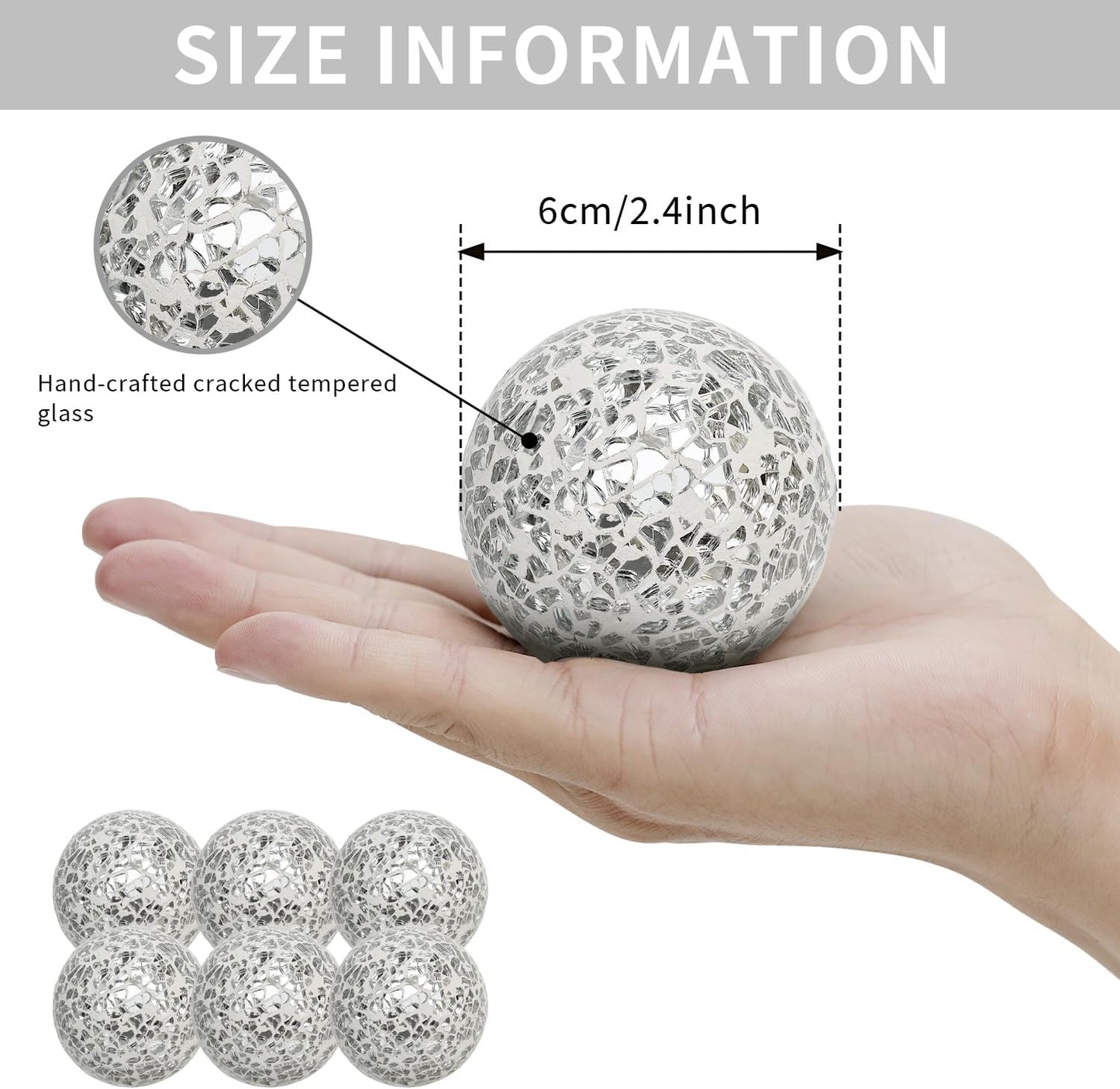 Decorative Balls Set / 6cm Small Mosaic Spheres Glass Orbs / Silver White / 2.4 Inch / Set of 6