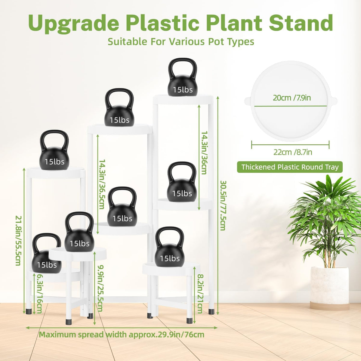iDavosic.ly 8 Tier Folding Plant Stand Indoor Outdoor, Plastic Tray, White | Space Saving Tiered Corner Storage Display
