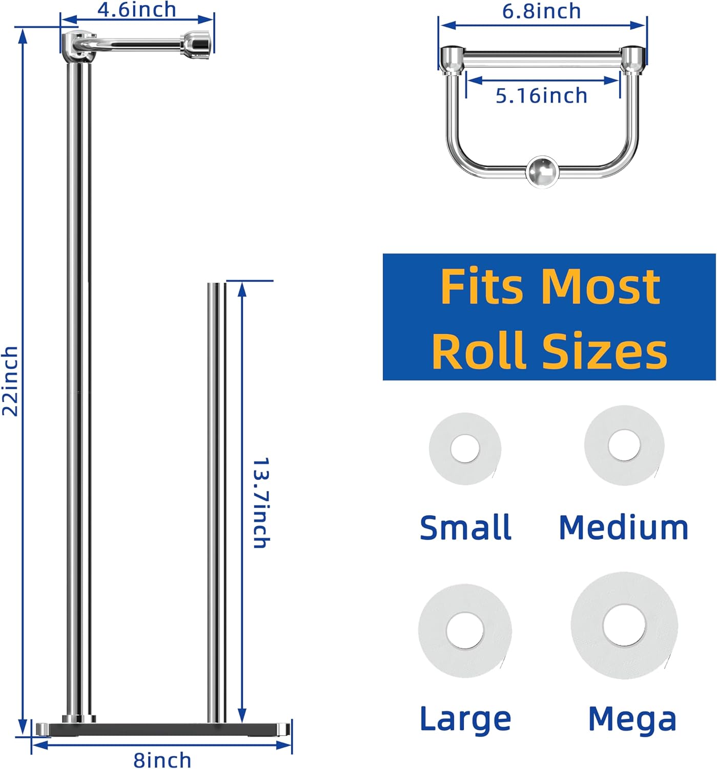 RUACQ Bathroom Toilet Paper Holder Stand with Storage, Chrome | Pivoting Free Standing Toilet Roll Holder, Holds 4