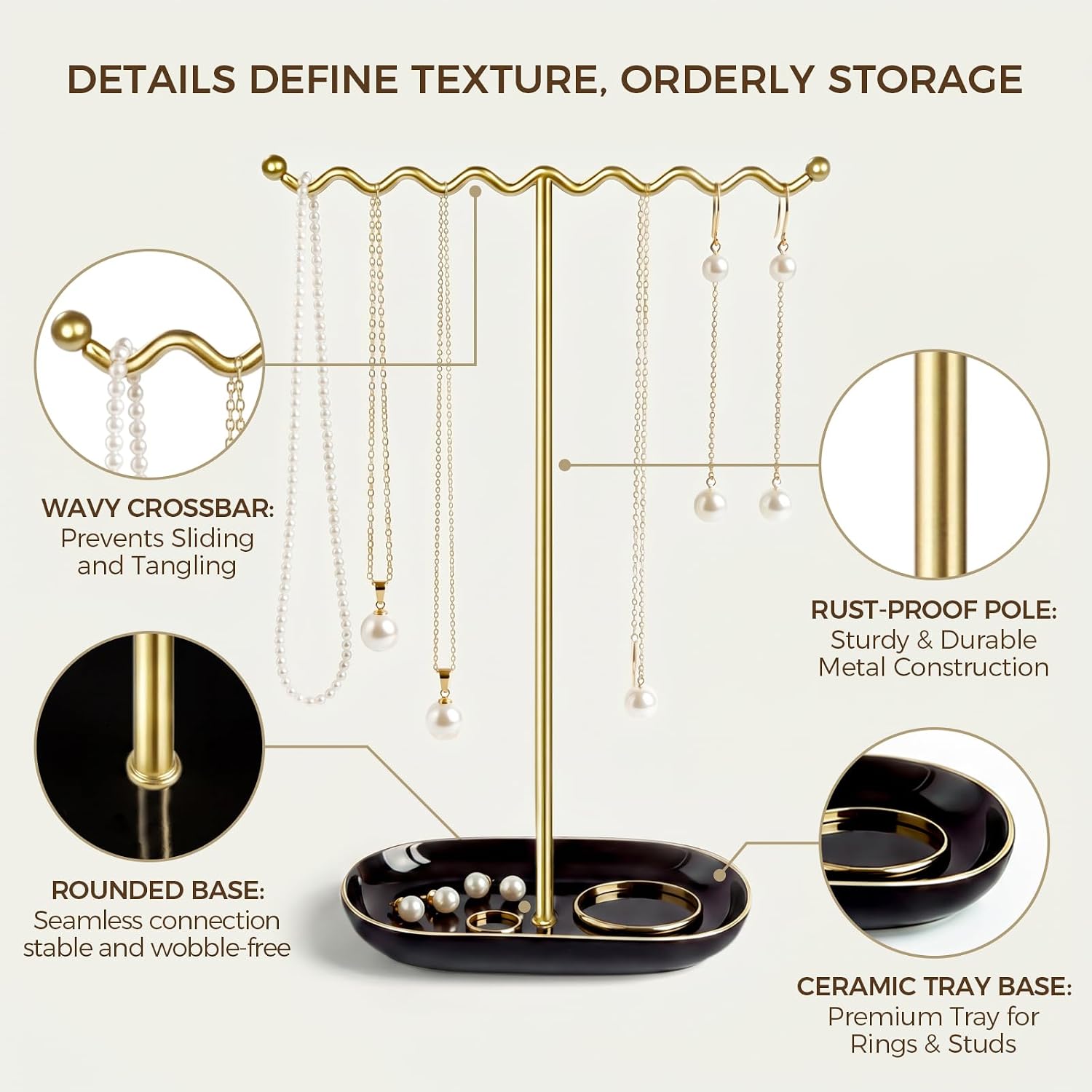 Ceramic Tray / Metal Necklace Holder Organizer for Rings Bracelets / Deluxe Black